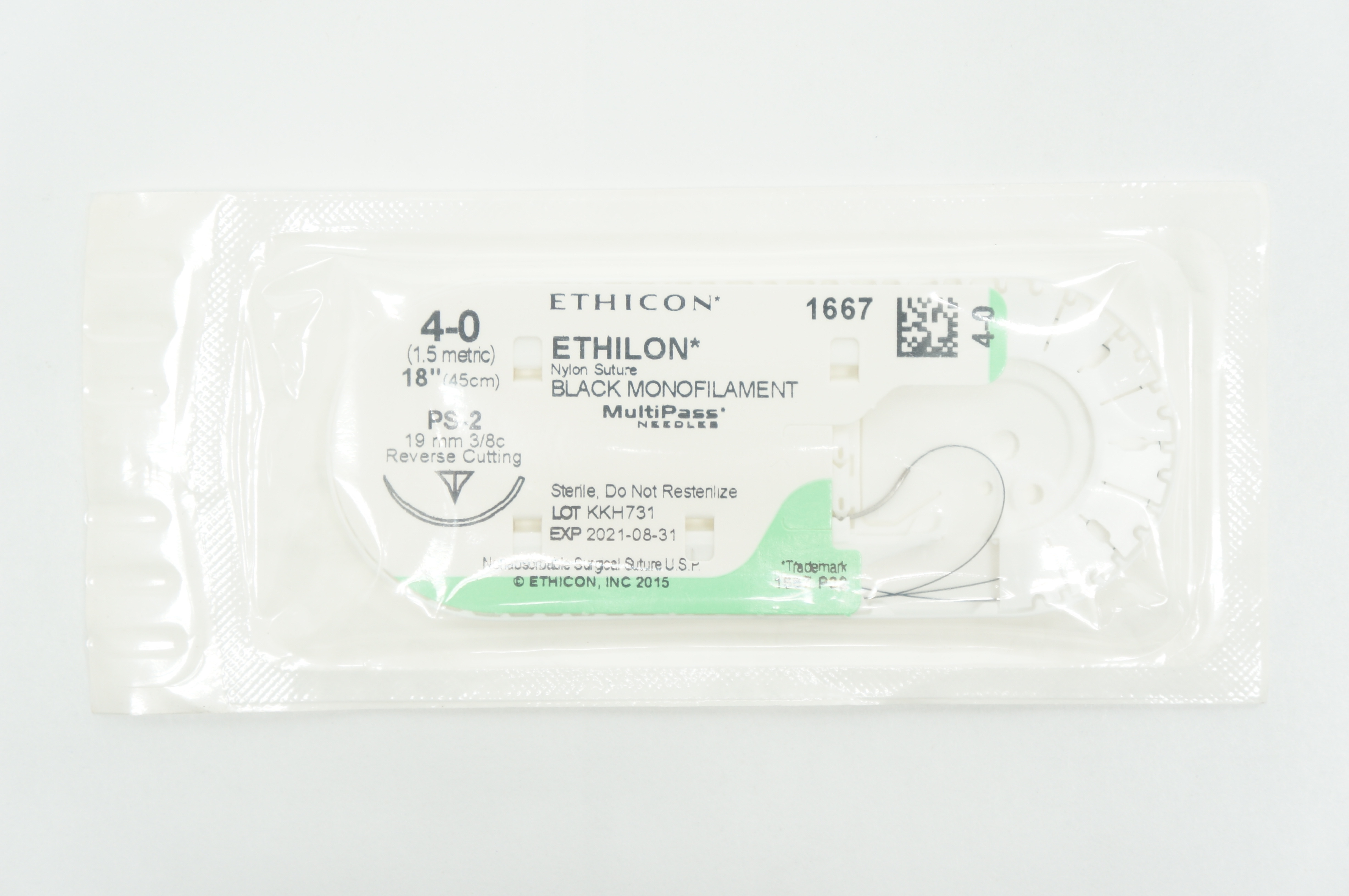 Ethicon 1667 4-0 ETHILON, PS-2, 19mm 3/8c Reverse Cutting, 18inch