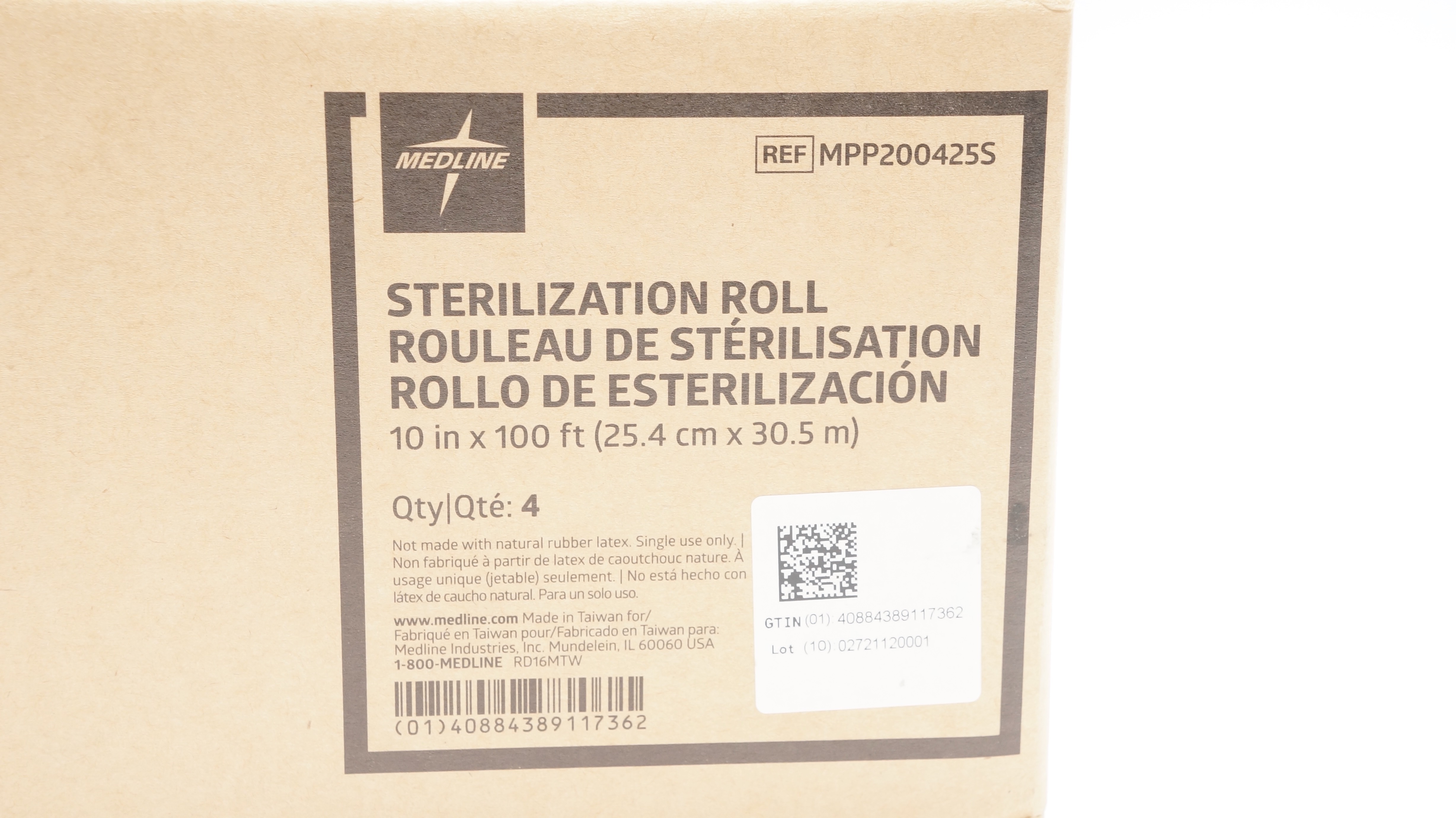 Medline MPP200425S Sterilization Roll 10inch x 100Ft. - Box of 4