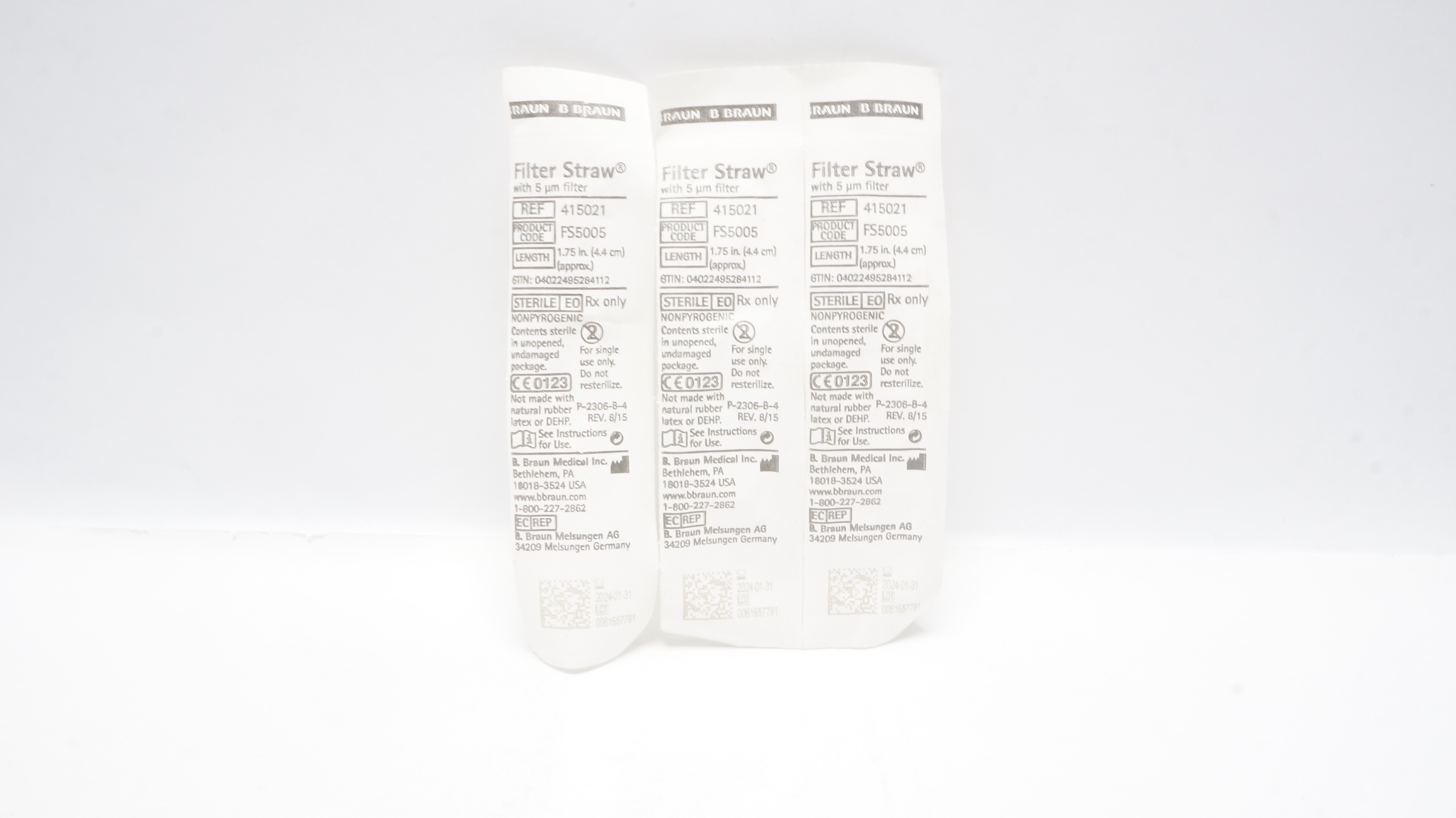B.Braun Medical 415021 Filter Straw w/5μm Filter Length 1.75inch (x) - Lot of 3