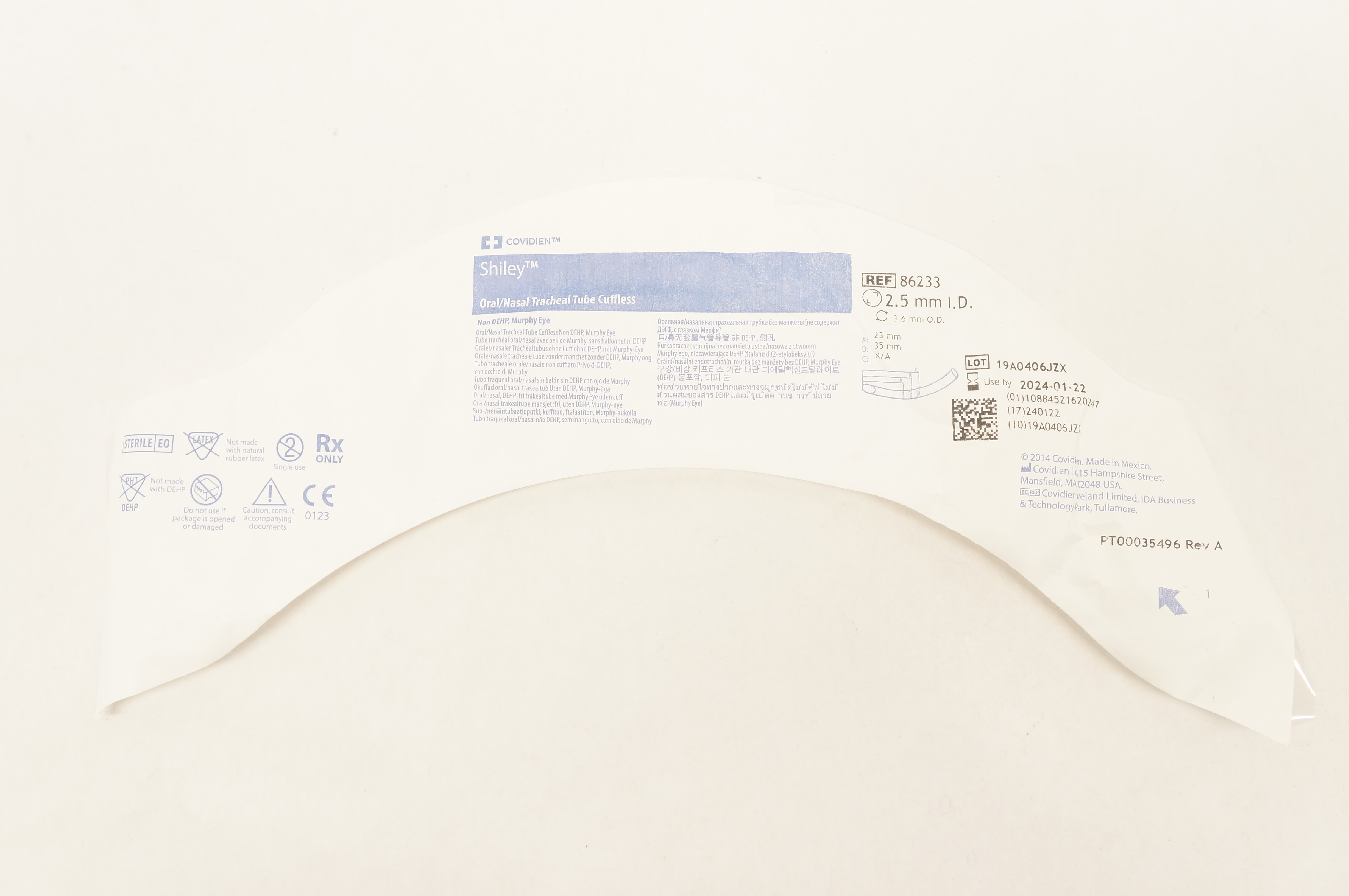 Covidien 86233 Shiley Oral/Nasal Tracheal Tube Cuffless 2.5mm ID x 3.6mm OD(x)
