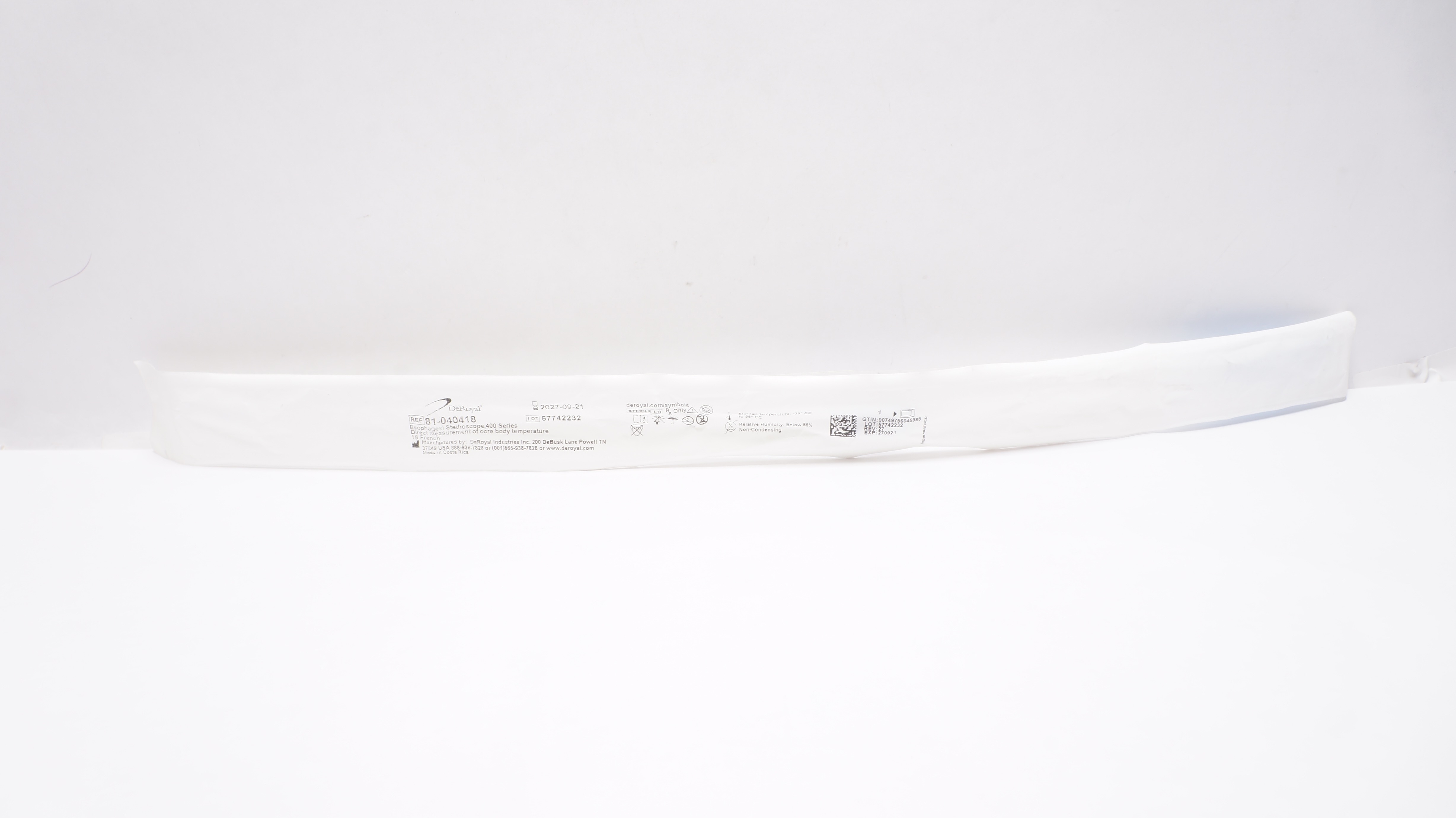 DeRoyal 81-040418 Esophageal Stethoscope w/Temperature Sensor 18Fr., 400 Series