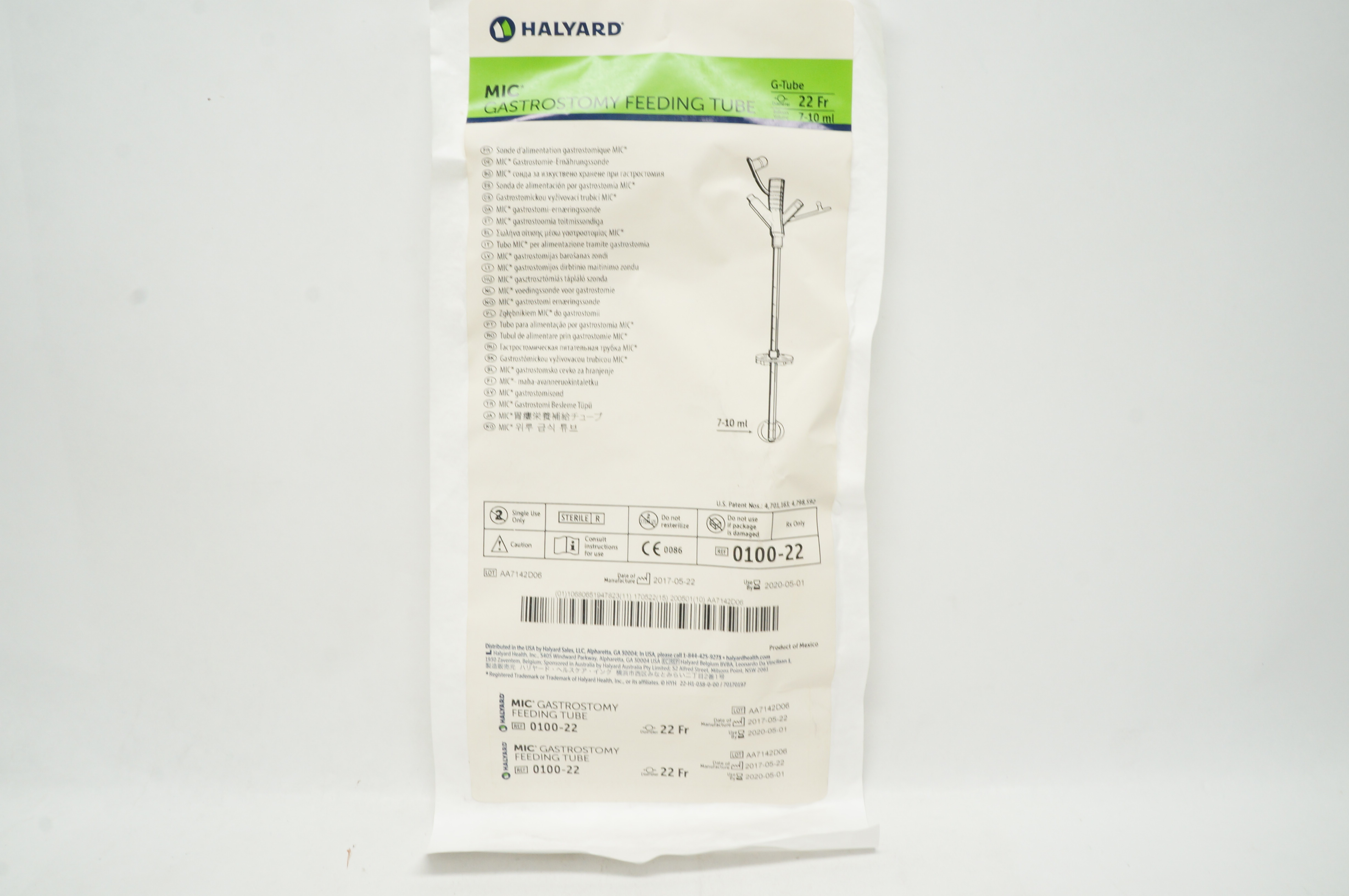 Halyard 0100-22 MIC Gastrostomy Feeding Tube 22 Fr 7-10ml (x)