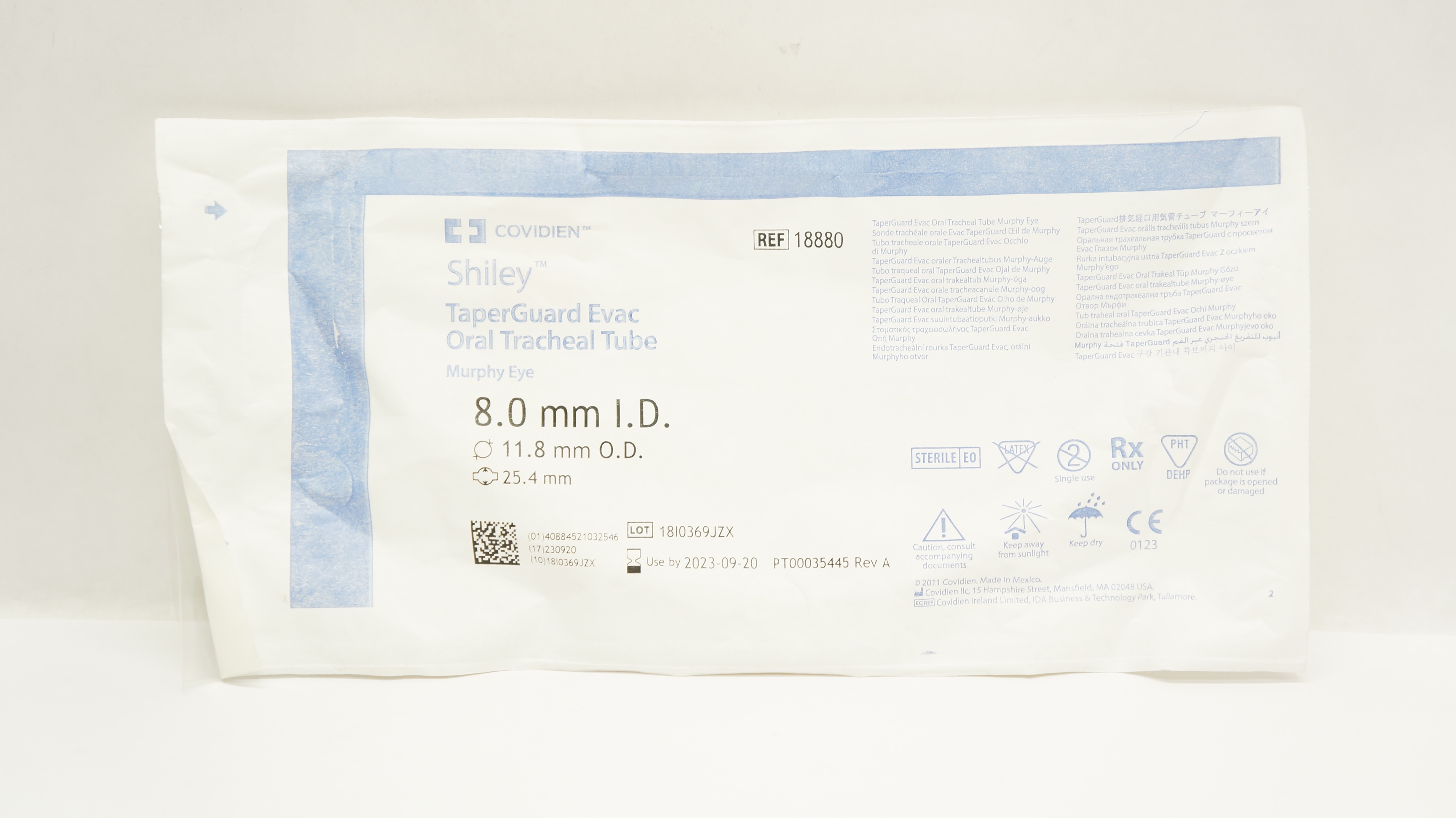 Covidien 18880 Shiley TaperGuard Evac Oral Tracheal Tube 8.0mm ID x 11.8mm OD