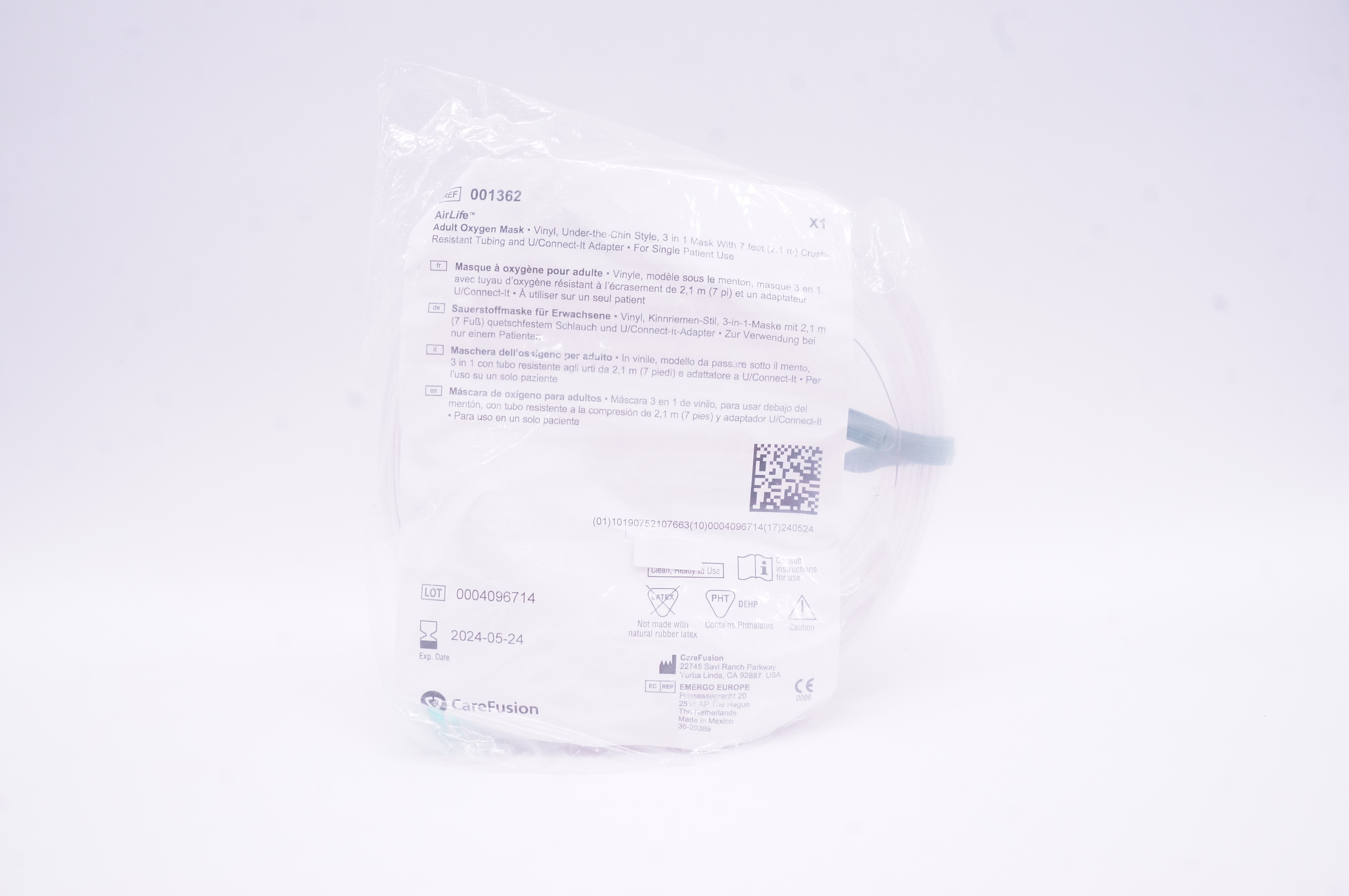 CareFusion 001362 AirLife Adult Oxygen Mask Vinyl, 7 feet Crush-Resistant Tubing