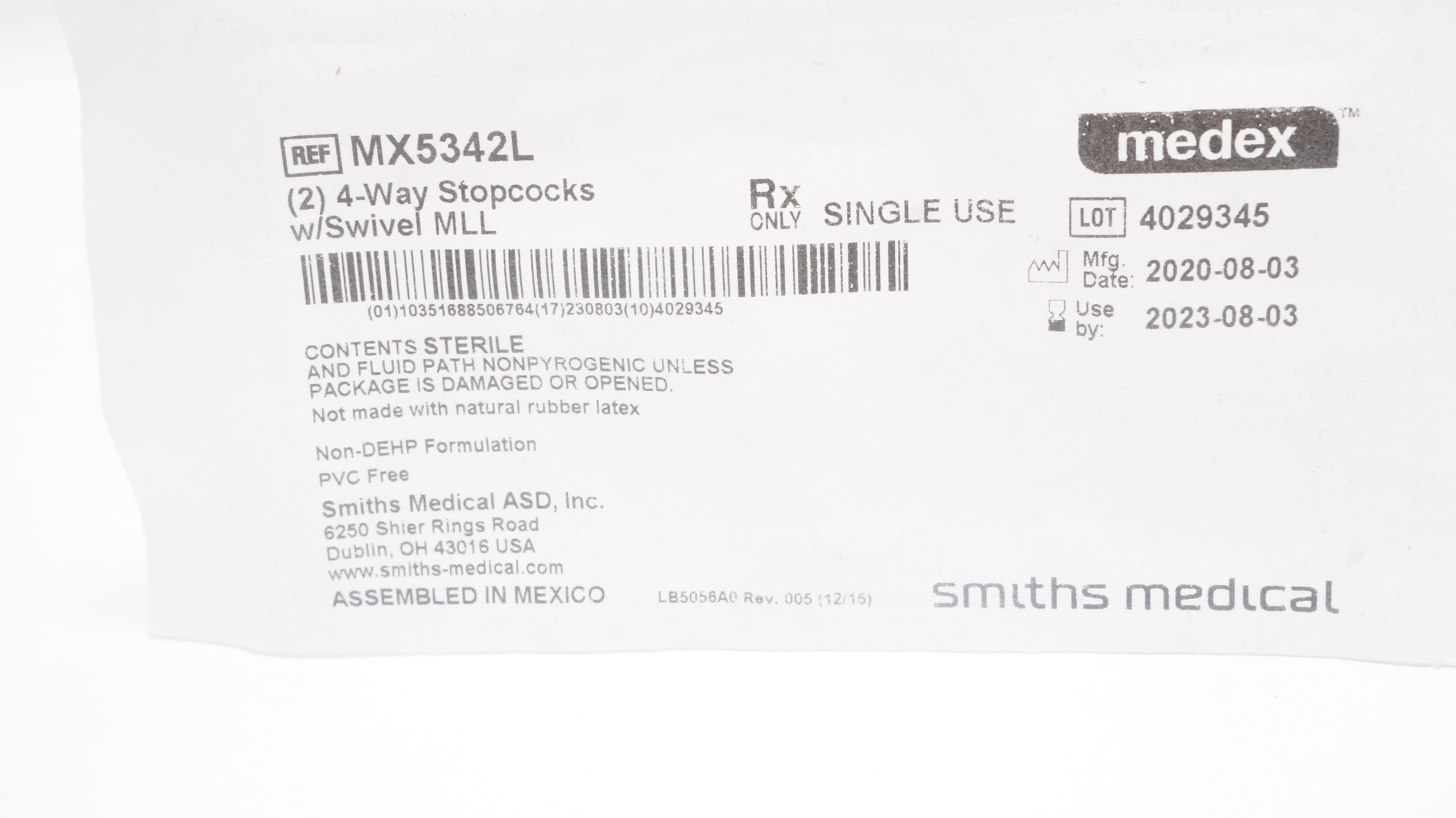 Smiths Medical MX5342L Medex 4 Way Stopcocks w/Swivel MLL (x) - Pack of 2