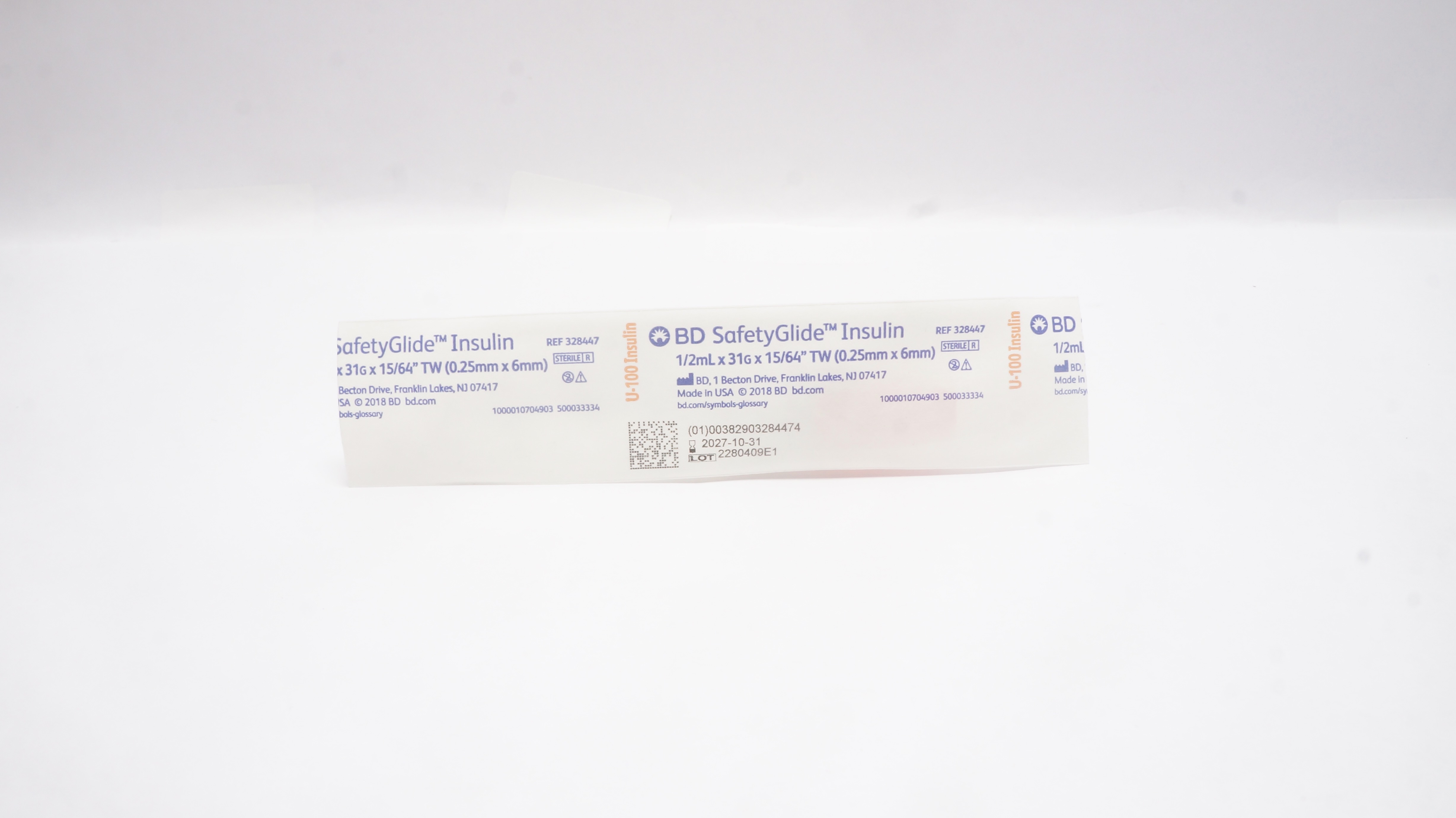 BD 328447 SafetyGlide Insulin Syringe 1/2mL x 31G x 15/64inch TW