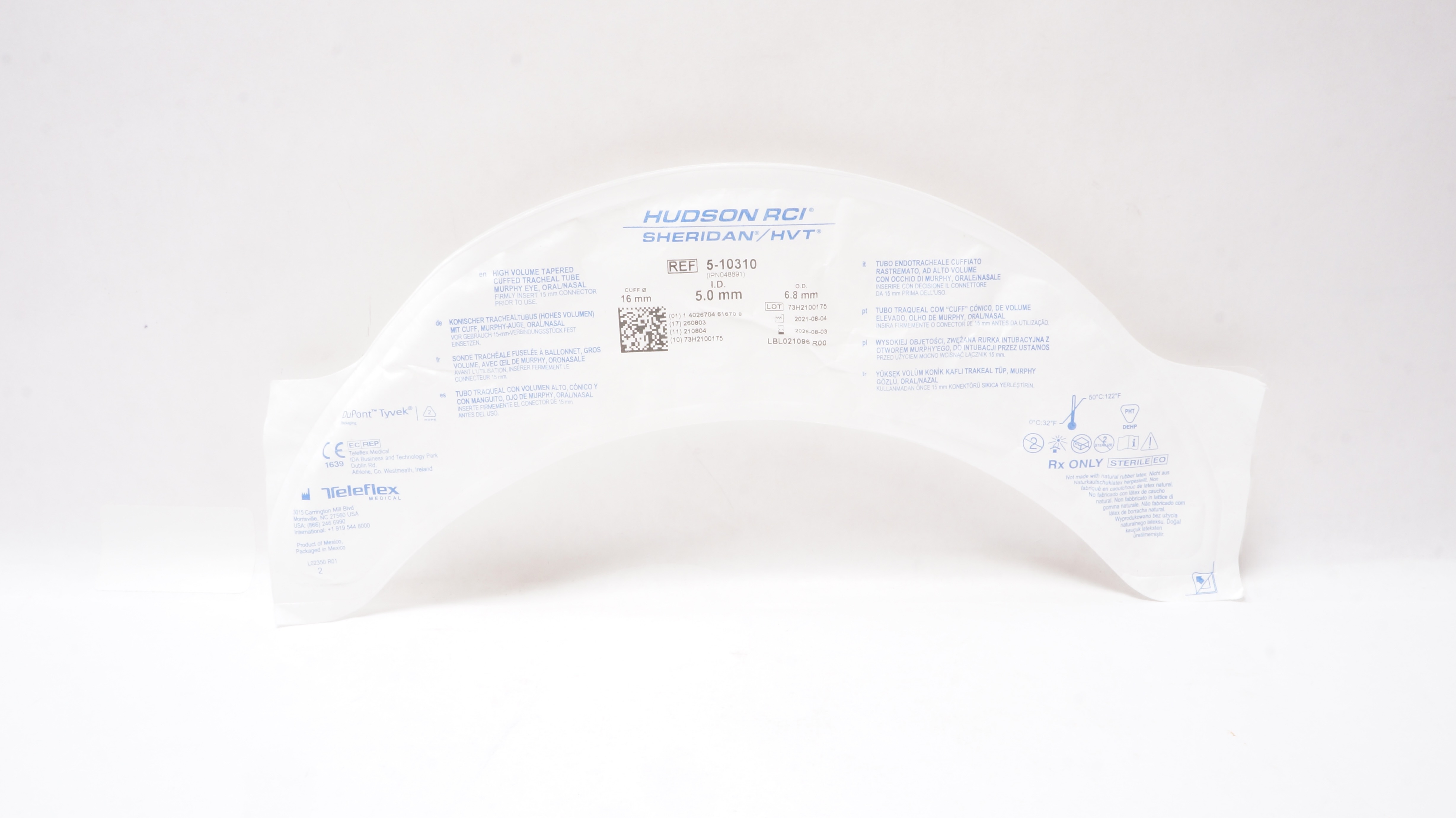Teleflex 5-10310 Hudson RCI Sheridan Cuffed Tracheal Tube 5.0ID x 6.8OD x 16mm