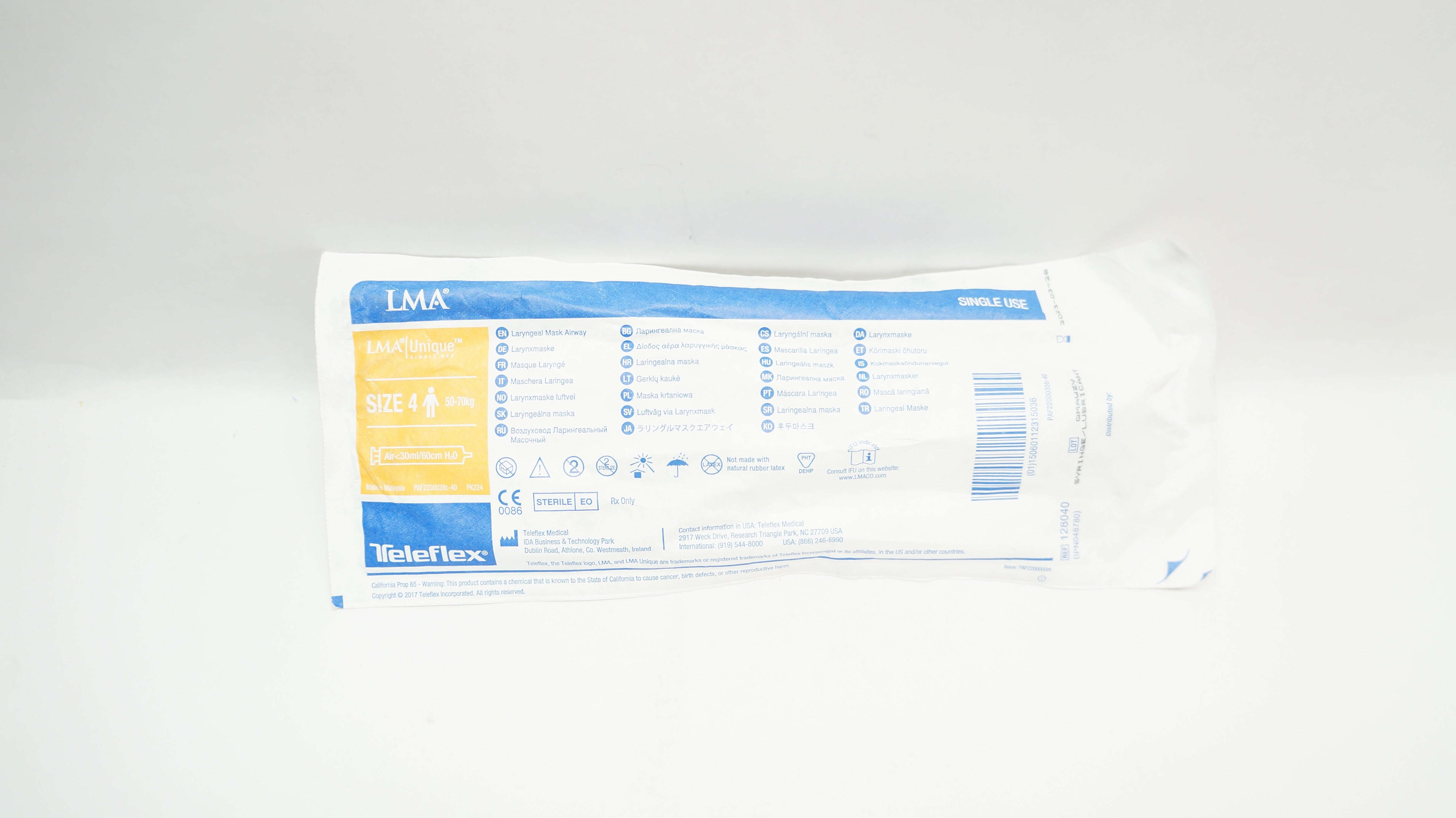 Teleflex 128040 LMA Unique Laryngeal Mask Airway Size 4 50-70kg Air<30ml/60cm (x)