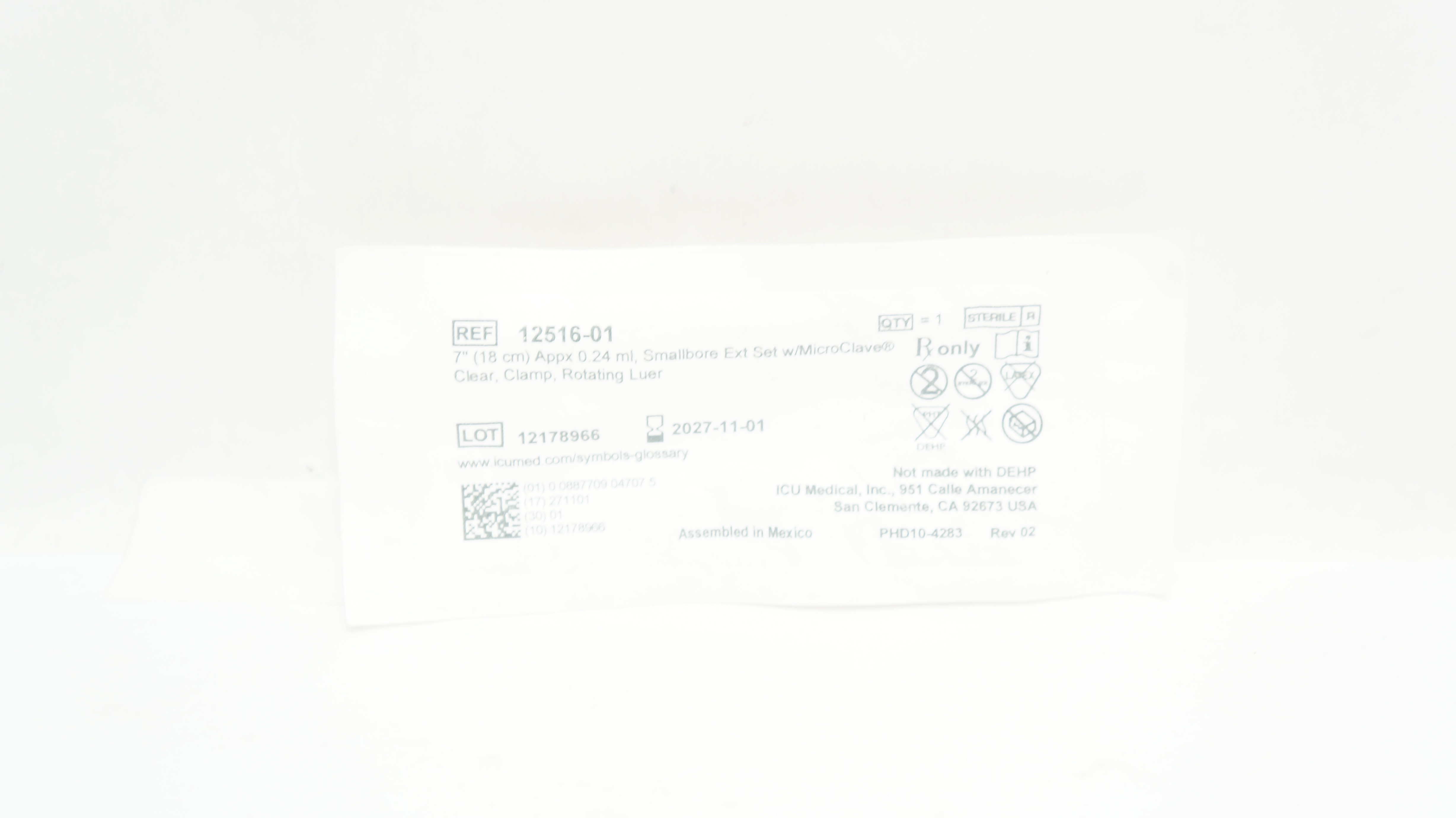 ICU Medical 12516-01 Smallbore Extension Set 7 inch x 0.24ml
