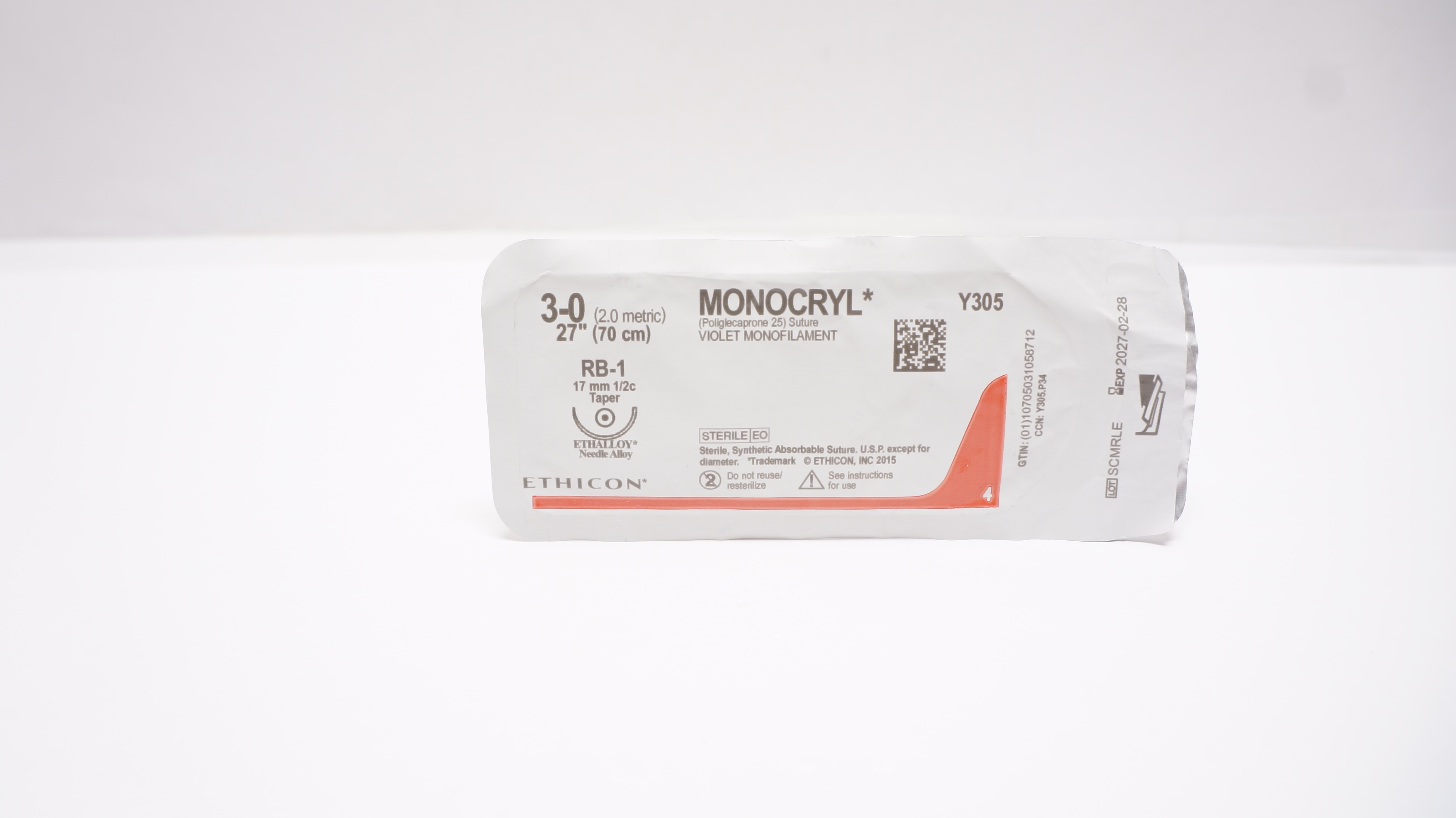 Ethicon Y305 3-0 MONOCRYL Poliglecaprone 25 Stre RB-1 17mm 1/2c Taper 27inch
