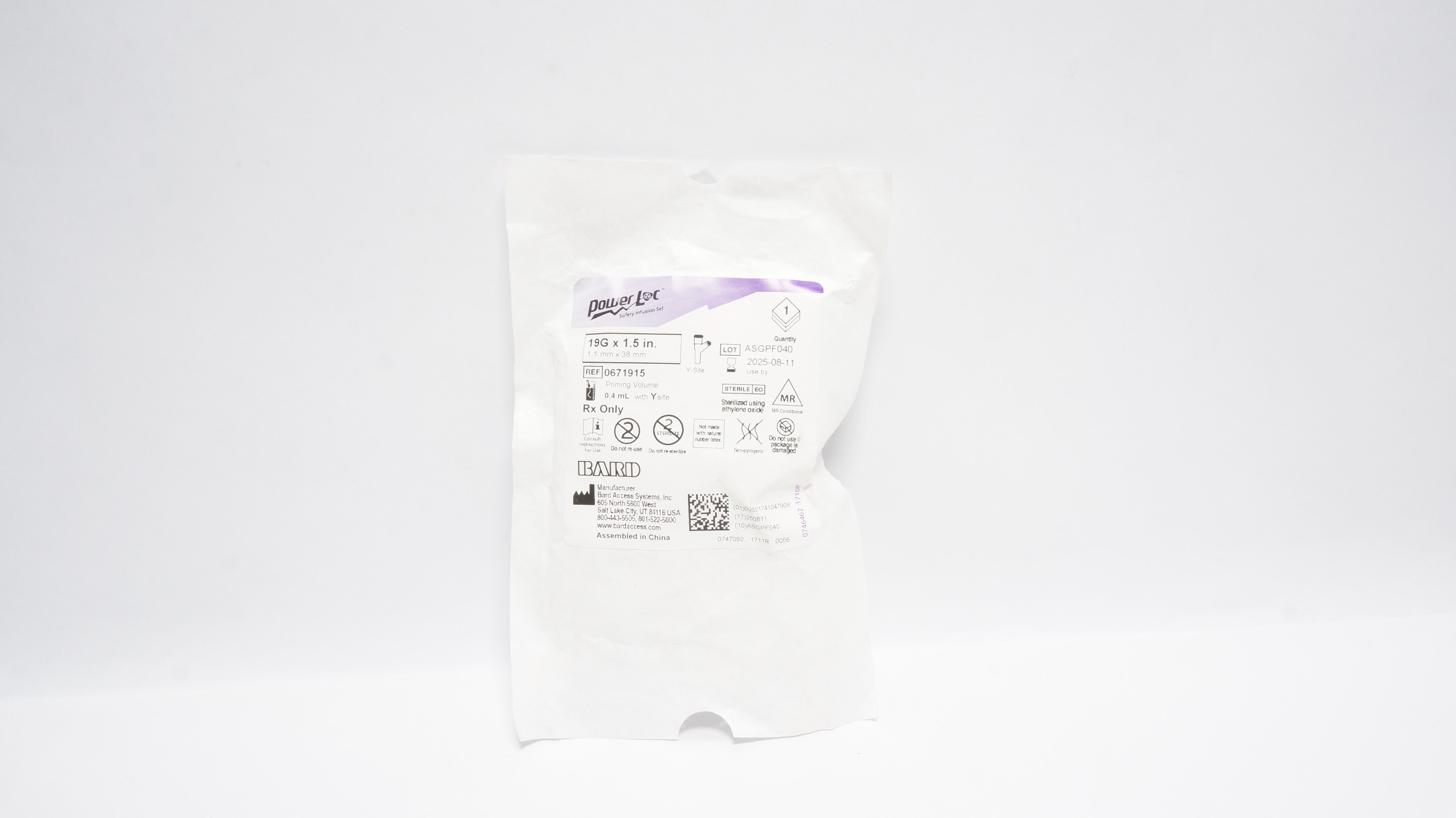 Bard 0671915 PowerLoc Safety Infusion Set 19G x 1.5In 0.4ml W/ Y-Site (x)