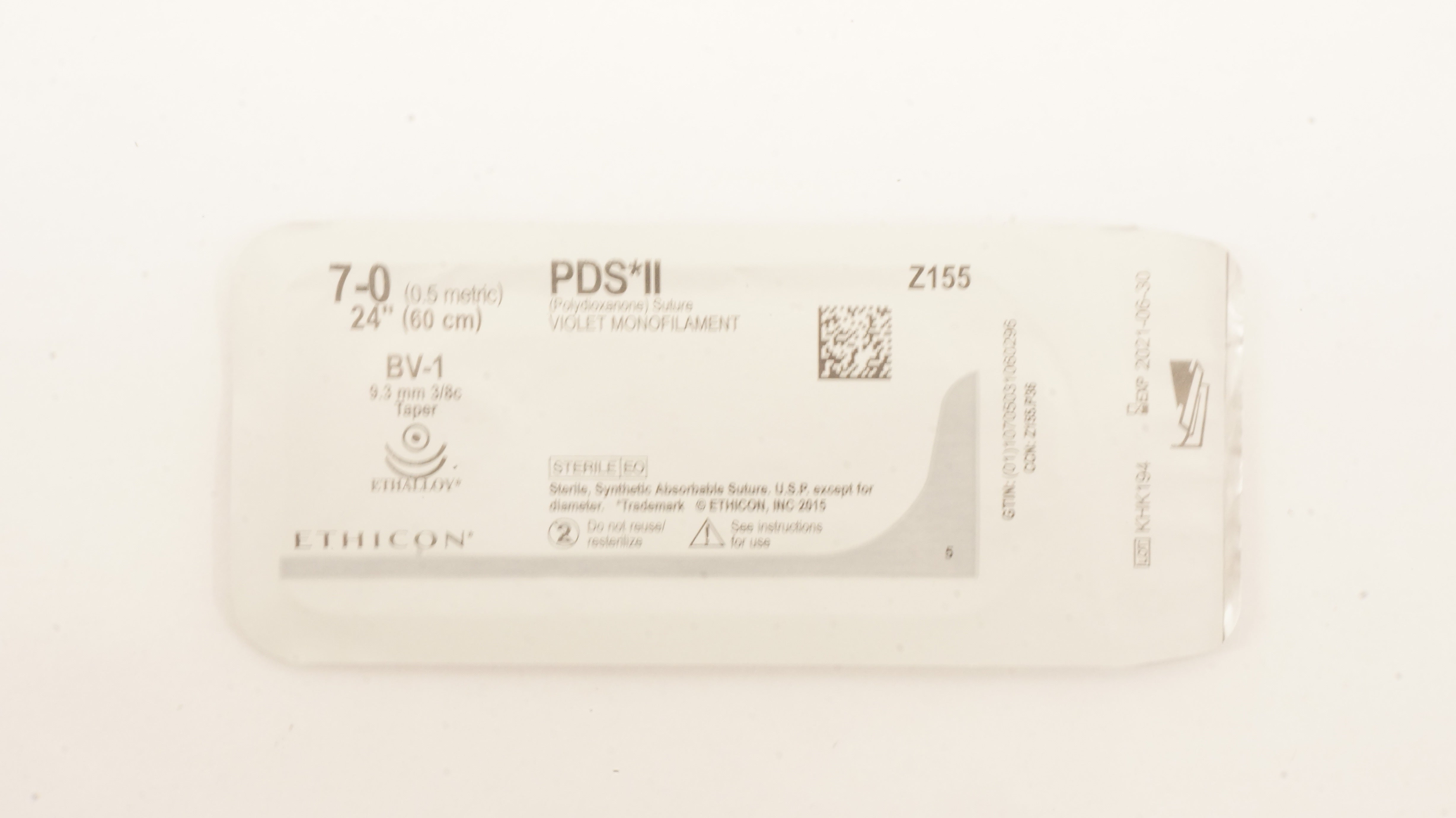 Ethicon Z155 7-0 PDS II Polydioxanone Stre BV-1 9.3mm 3/8c Taper, 24 inch (x)
