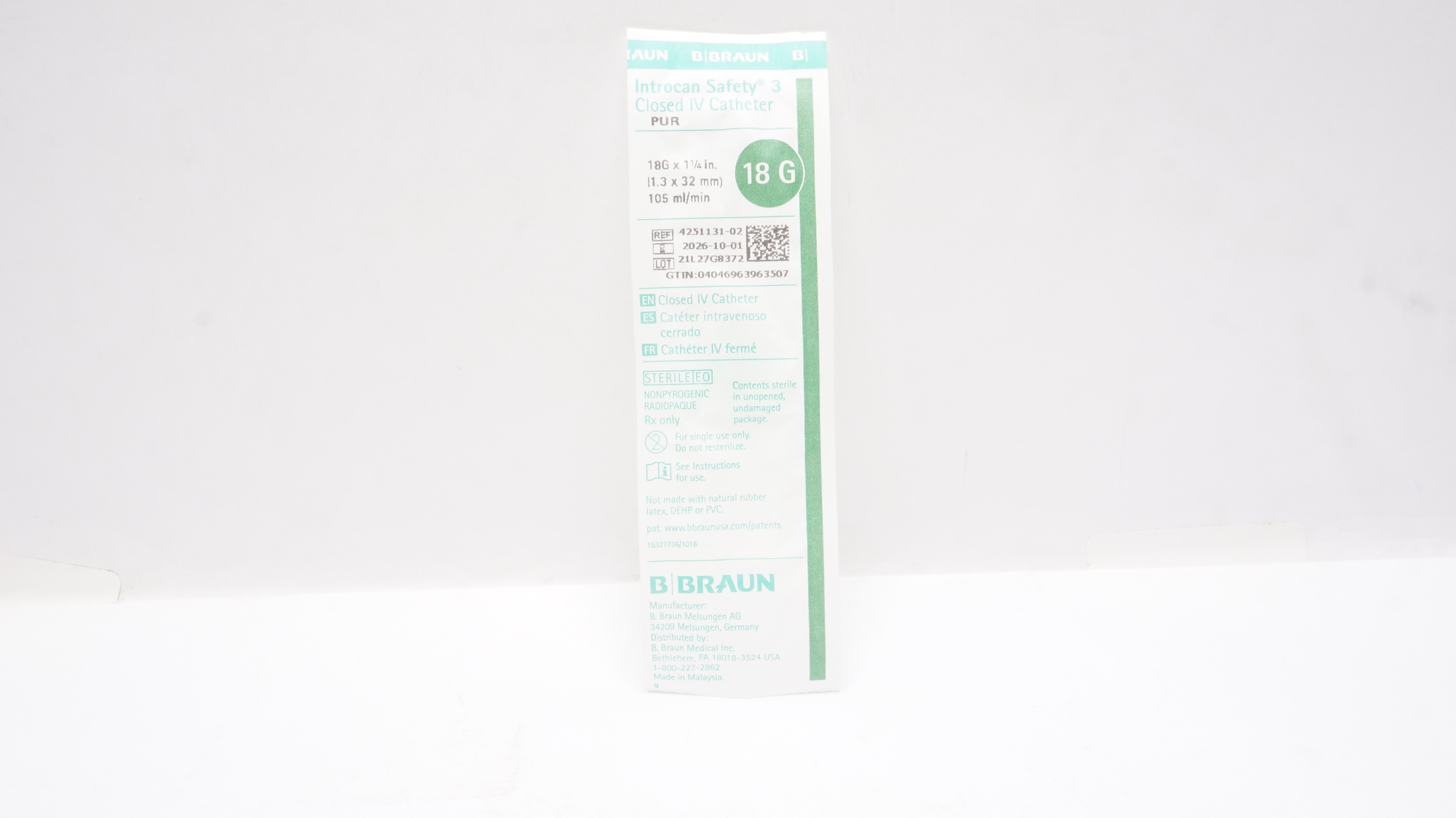 Braun 4251131-02 Introcan Safety 3 Closed IV Cath. 18G x 1-1/4inch 105mL/min