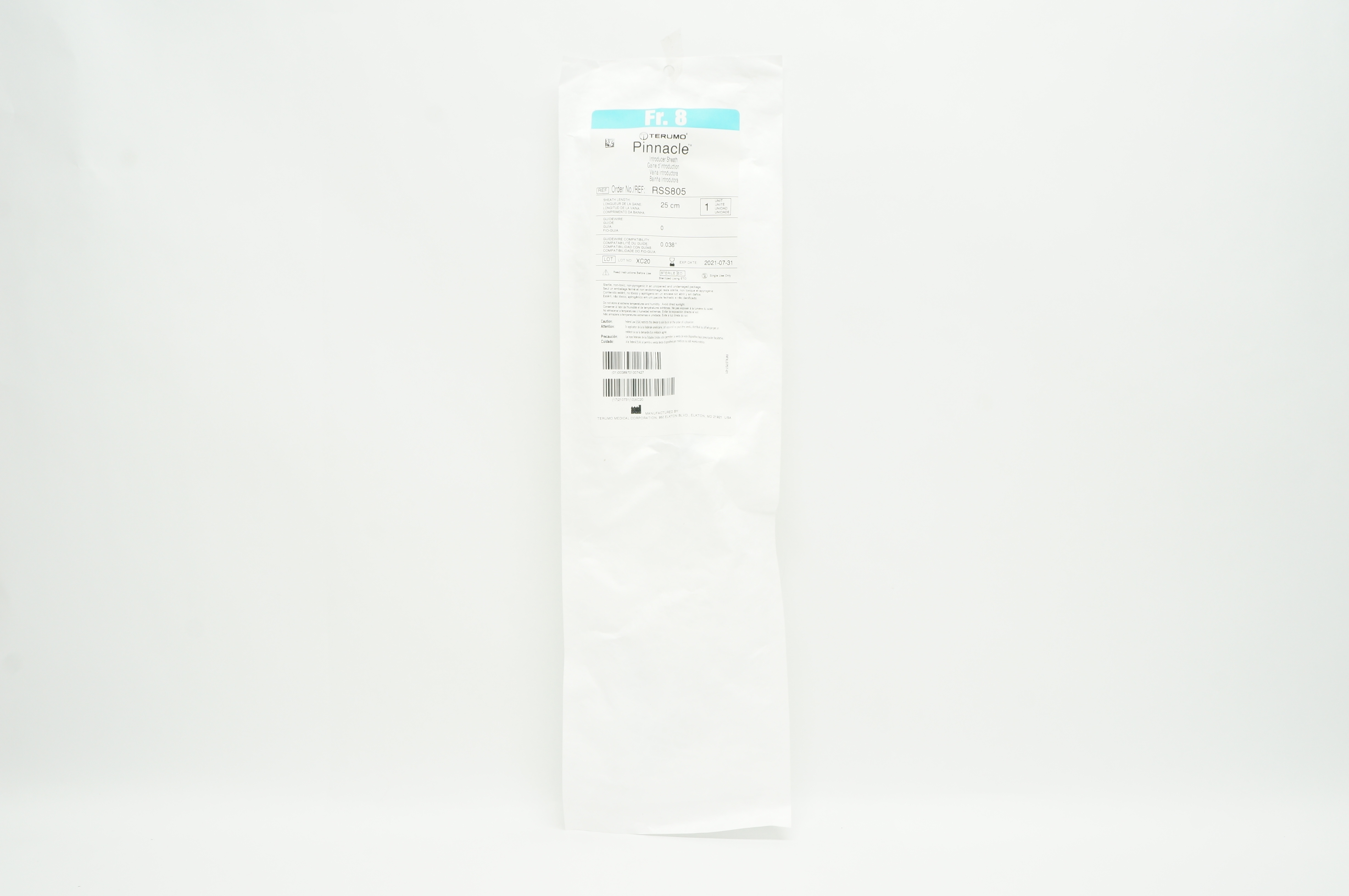 Terumo RSS805 Pinnacle Introducer Sheath Fr. 8, 25 cm x 0.038 inch