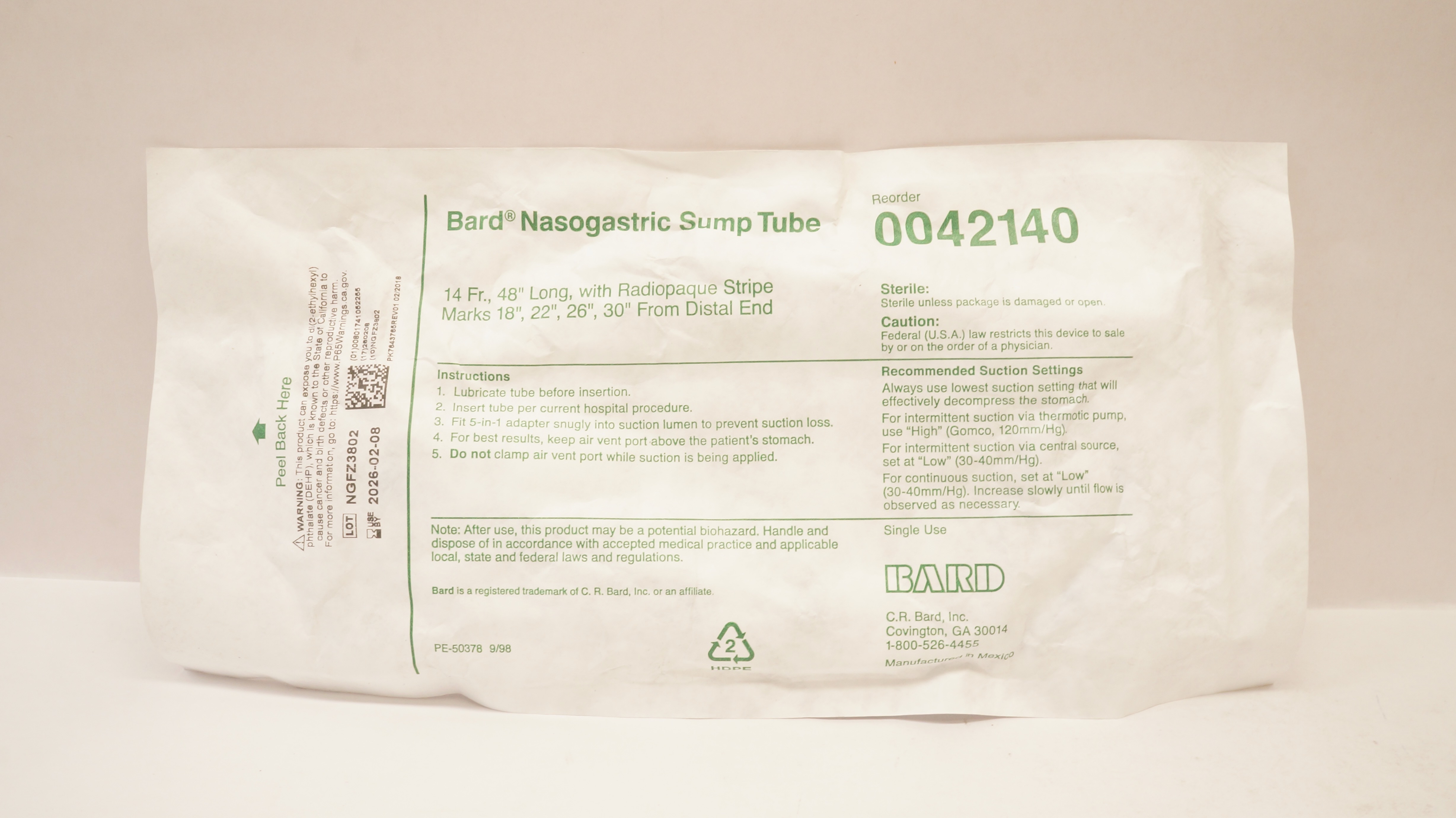 Bard 0042140 Nasogastric Sump Tube with Radiopaque Stripe Marks 14Fr x 48inch