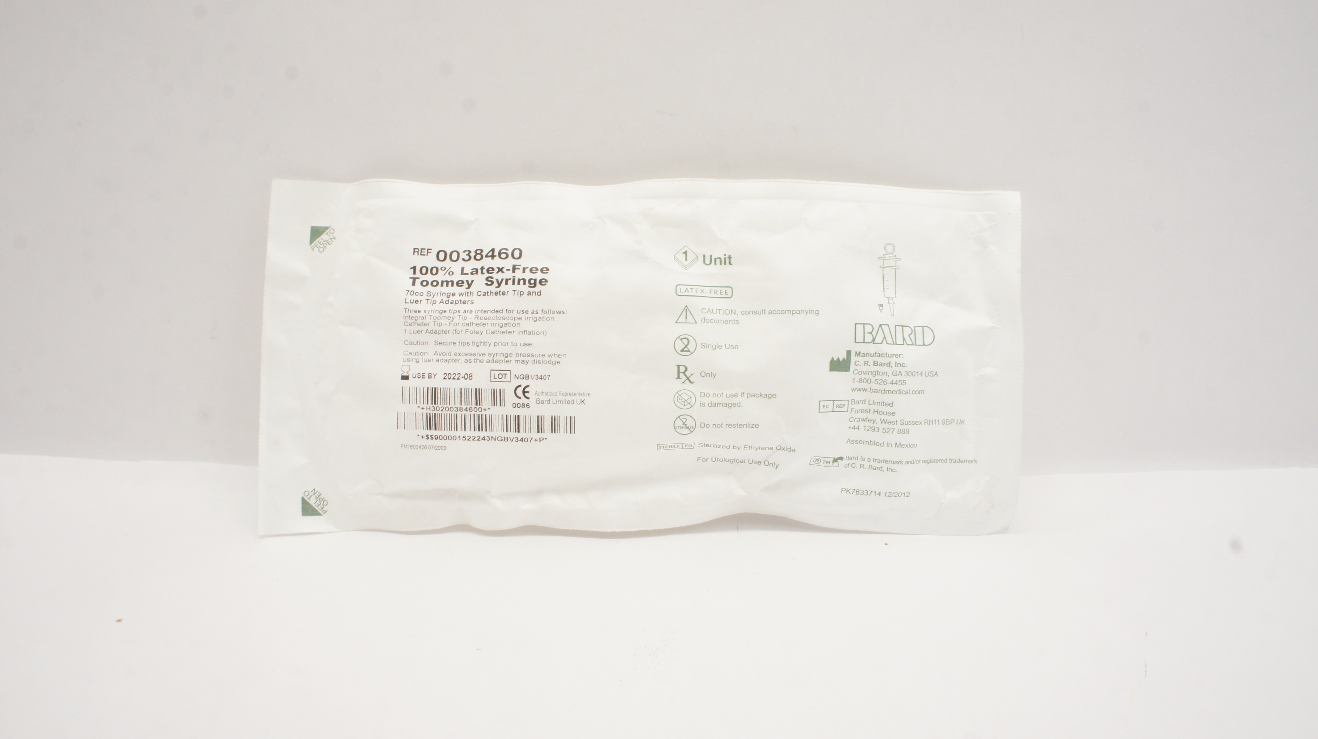 Bard 0038460 Toomey Syringe 70cc With Cath. Tip & Luer Tip Adapters (x)