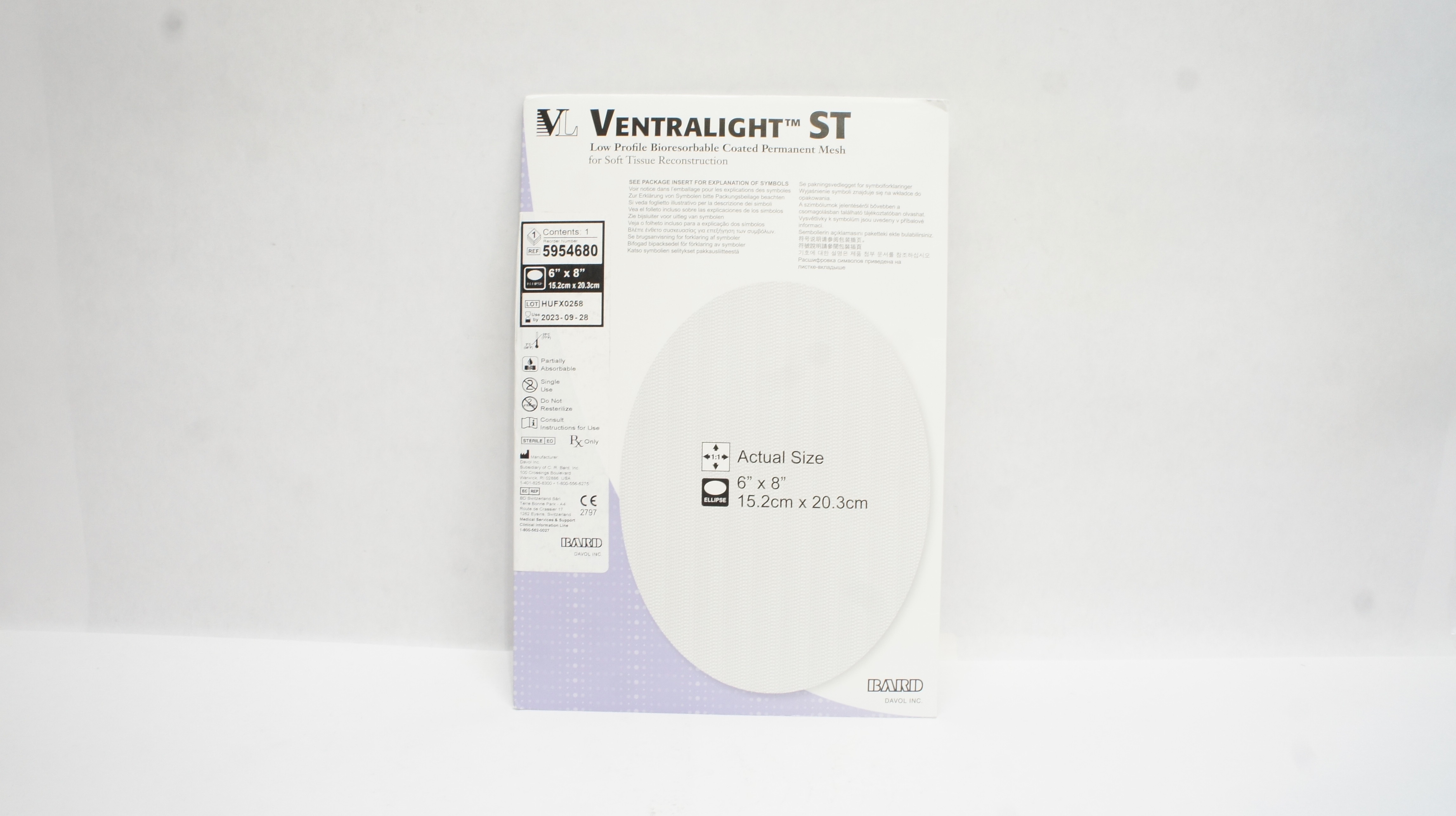 Bard 5954680 Davol Ventralight ST Coated Permanent Mesh, Ellipse 6 x 8 inch (x)