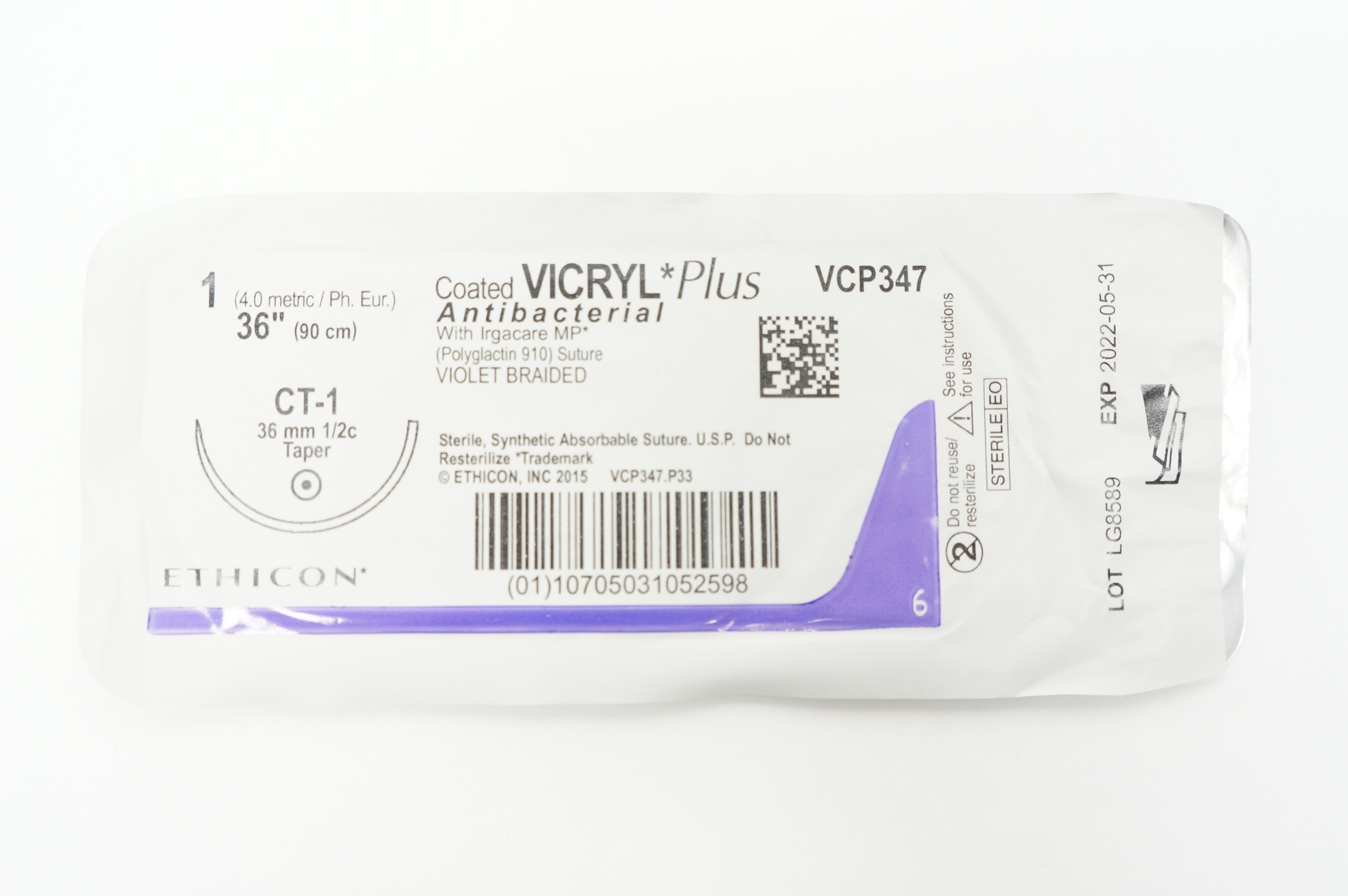 Ethicon VCP347 1 Coated VICRYL Plus CT-1 36mm 1/2c Taper 36inch