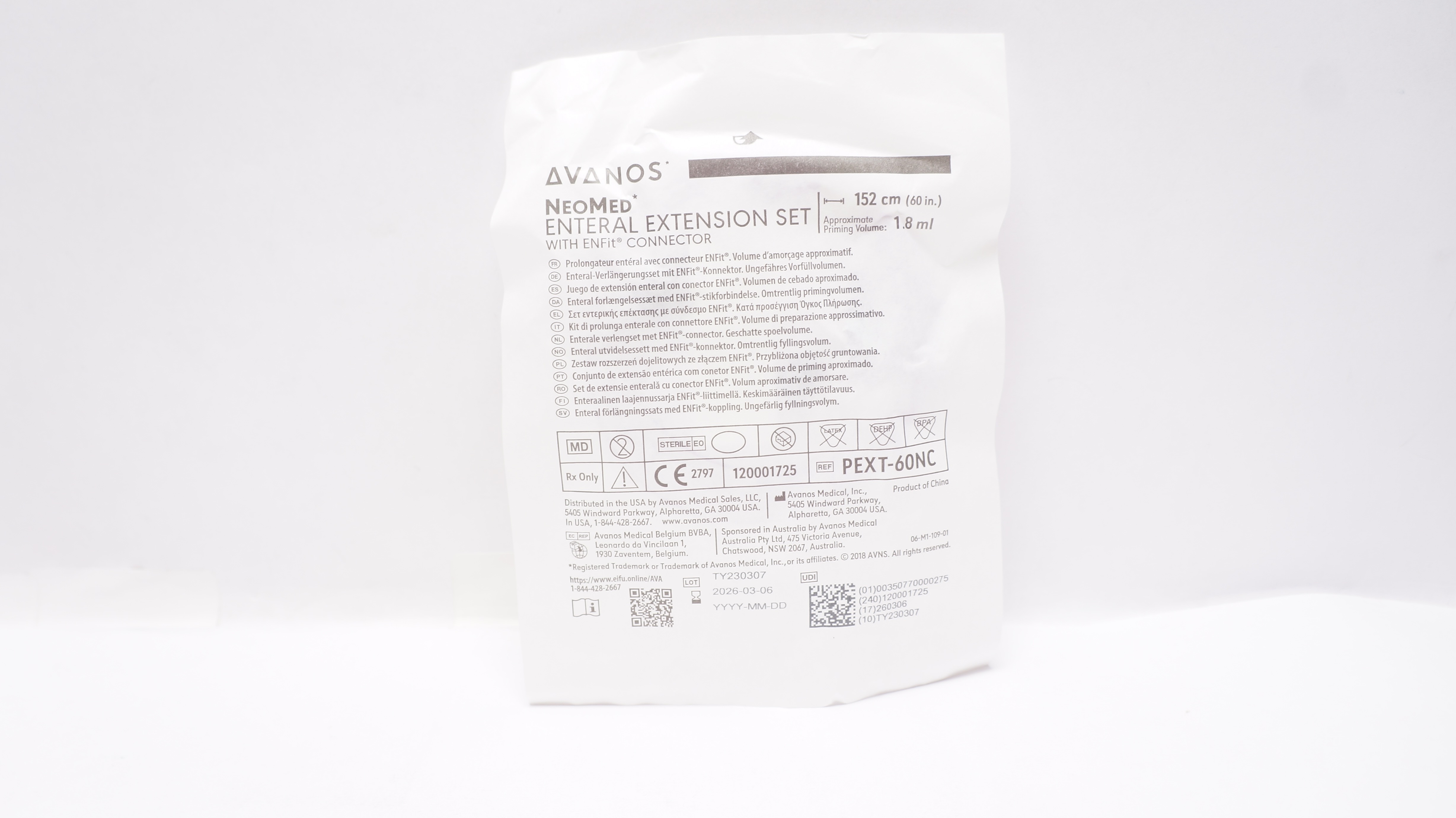 Avanos PEXT-60NC NeoMed Enteral Extension Set w/ENFIT Connector 60inch x 1.8ml