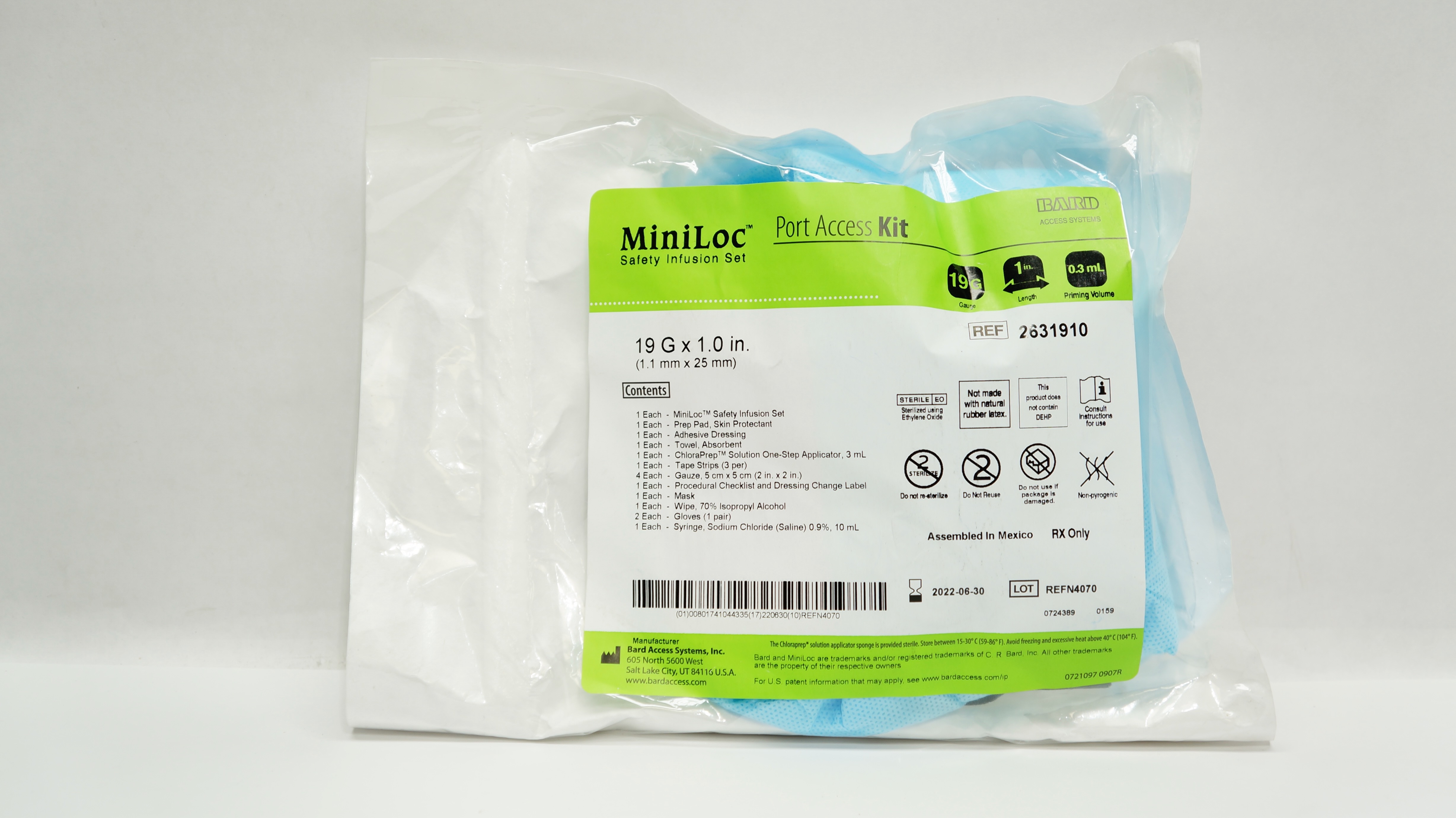 Bard 2631910 MiniLoc Safety Infusion Set Port Access Kit 19G x 1inch x 0.3mL(x)