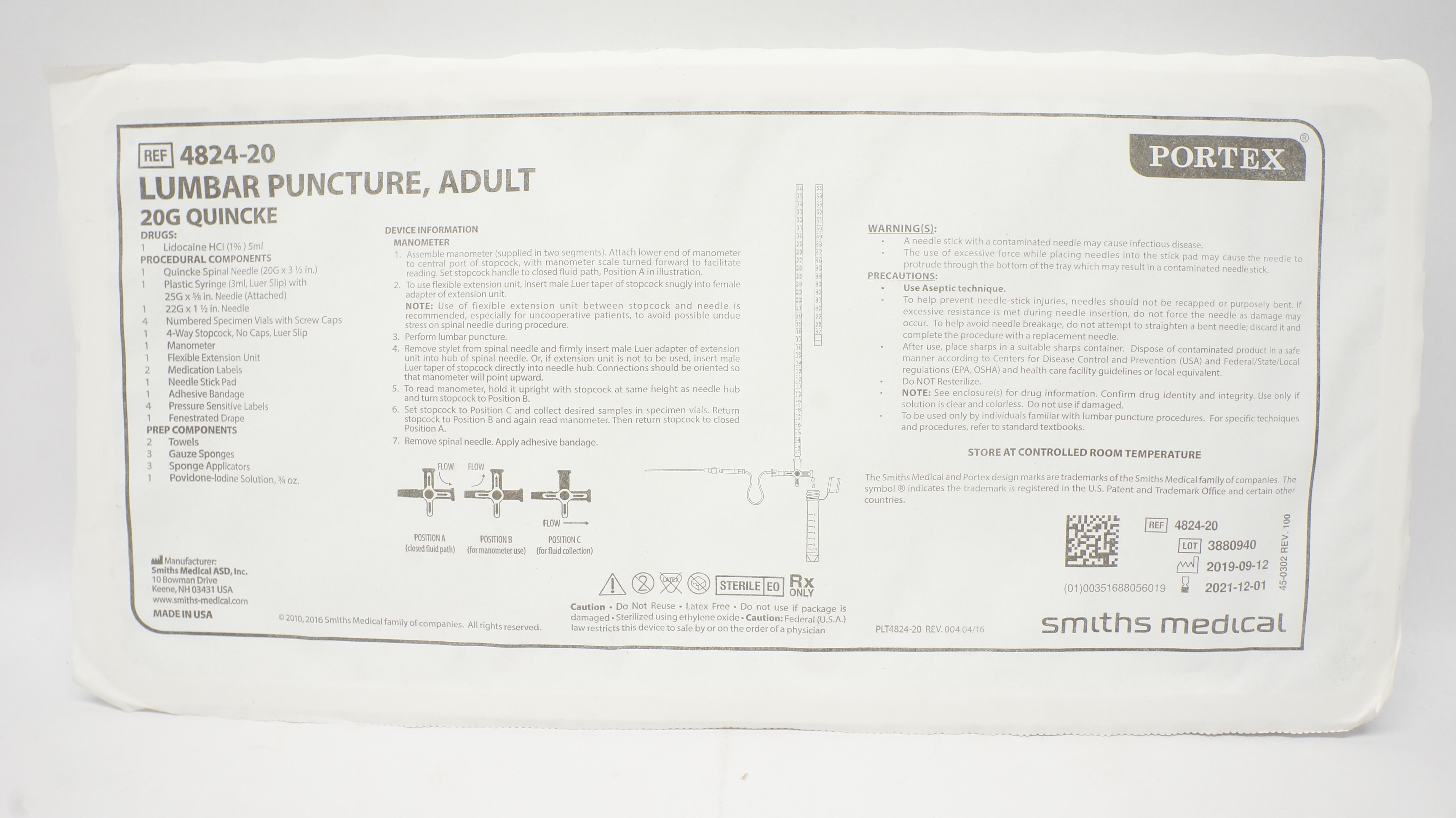 Smiths Medical 4824-20 Portex  Adult Lumbar Puncture Ndle 20G x 3 1/2inch (x)