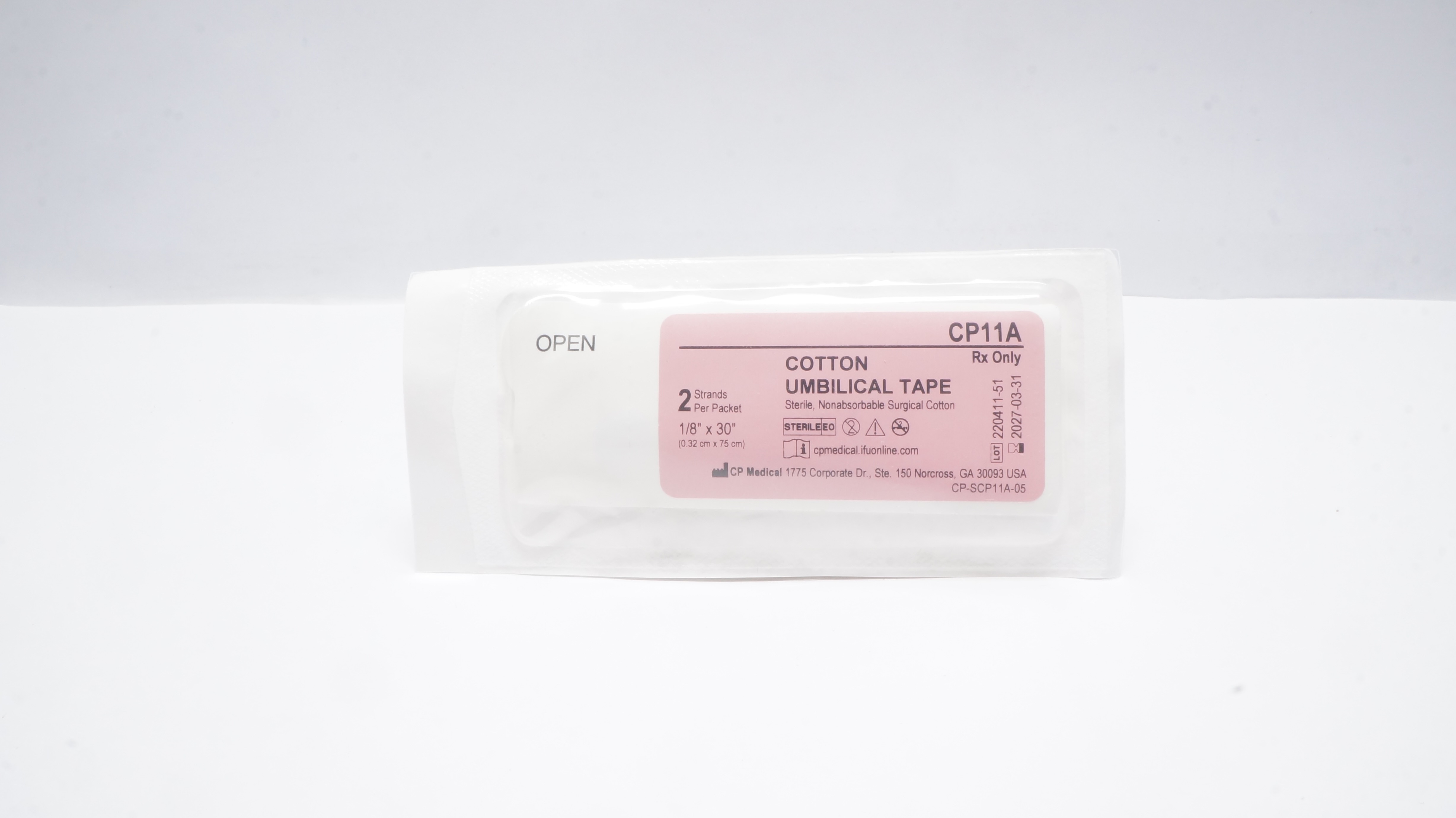 CP Medical CP11A Cotton Umbilical Tape 1/8inch x 30inch, 2 Strands Per Packet