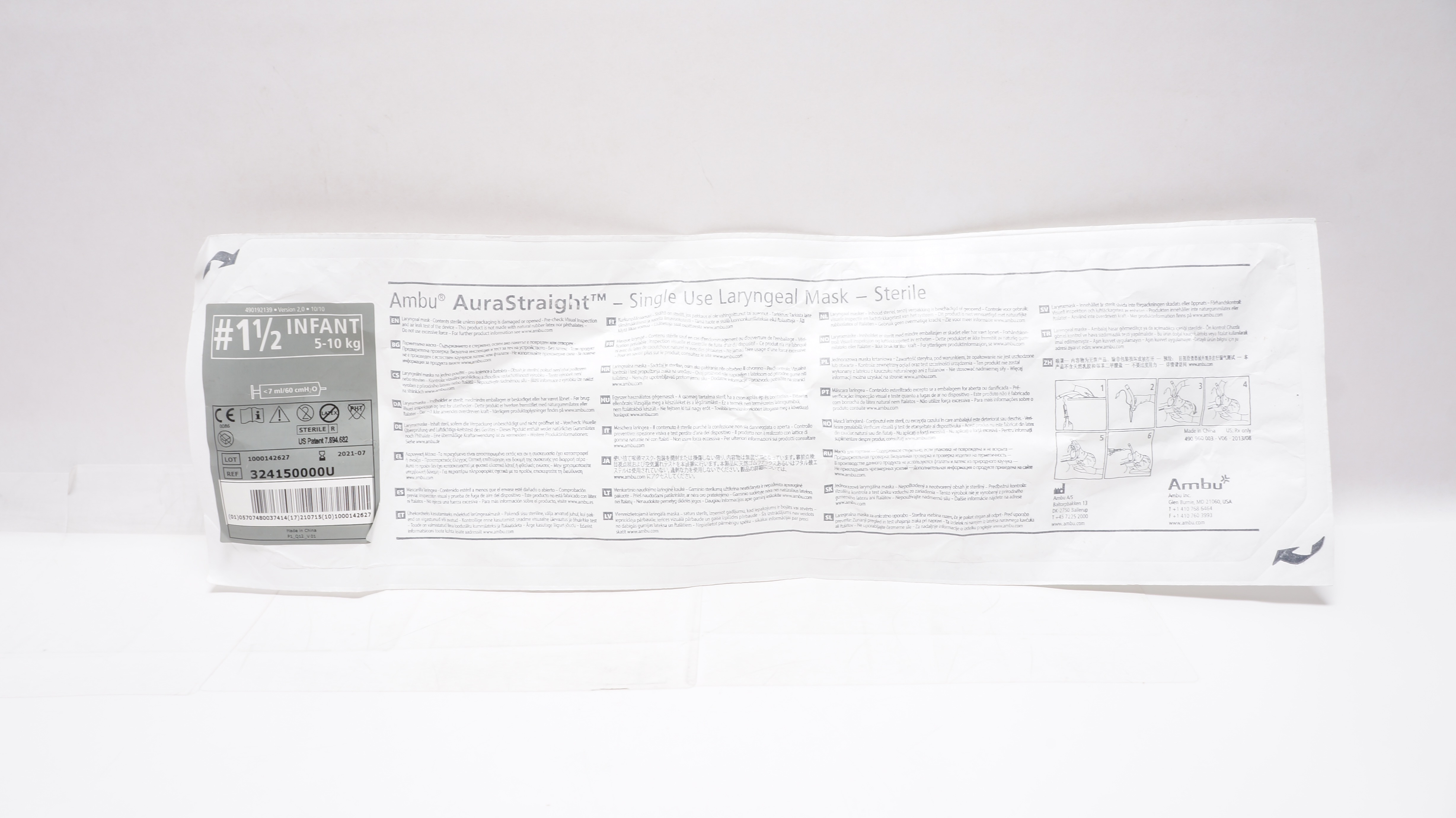 Ambu 324150000U AuraStraight Laryngeal Mask Infant Size 1-1/2 5-10kg (x)