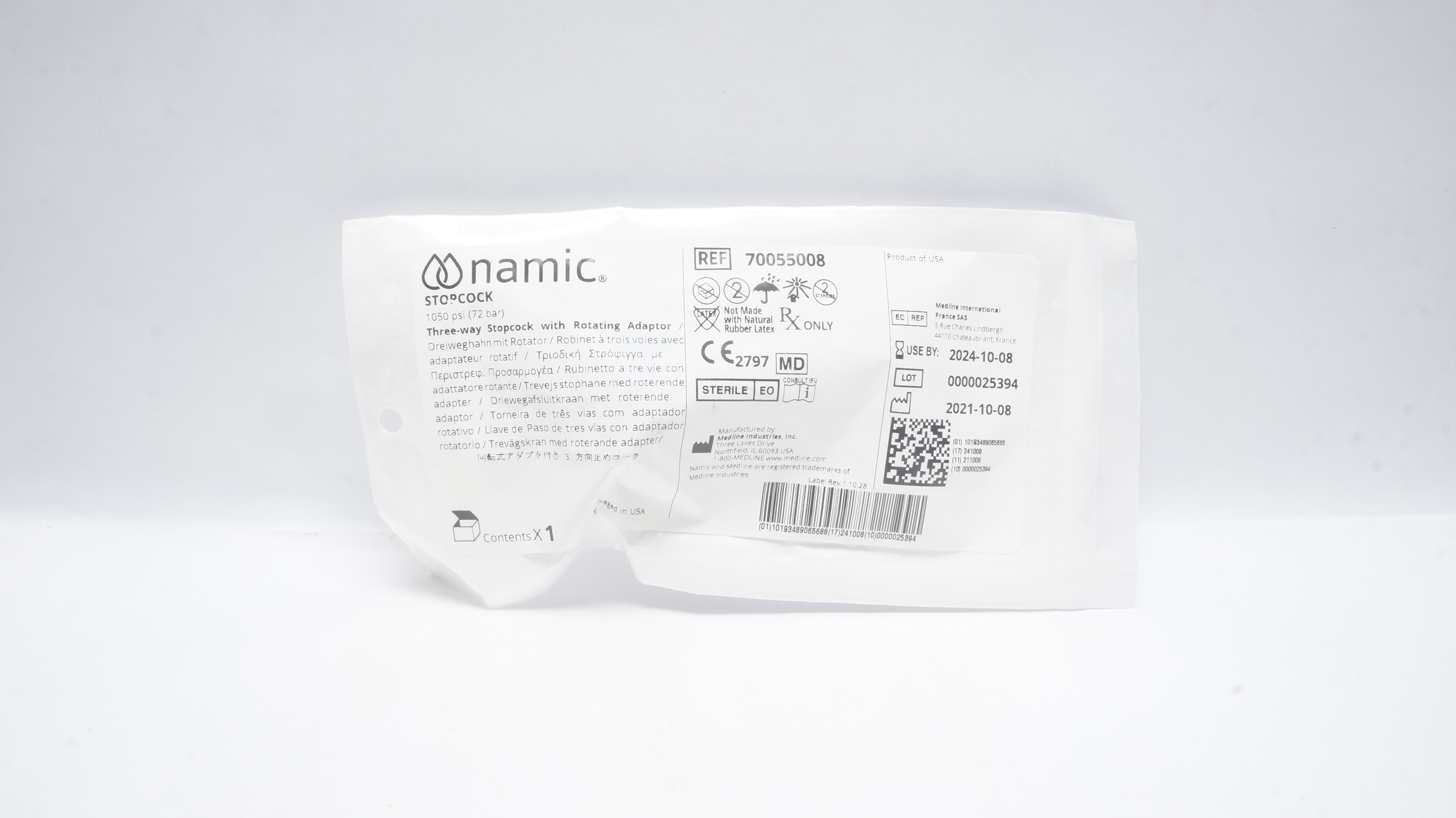 Medline 70055008 Namic Three-Way Stopcock w/Rotating Adaptor 1050psi (x)