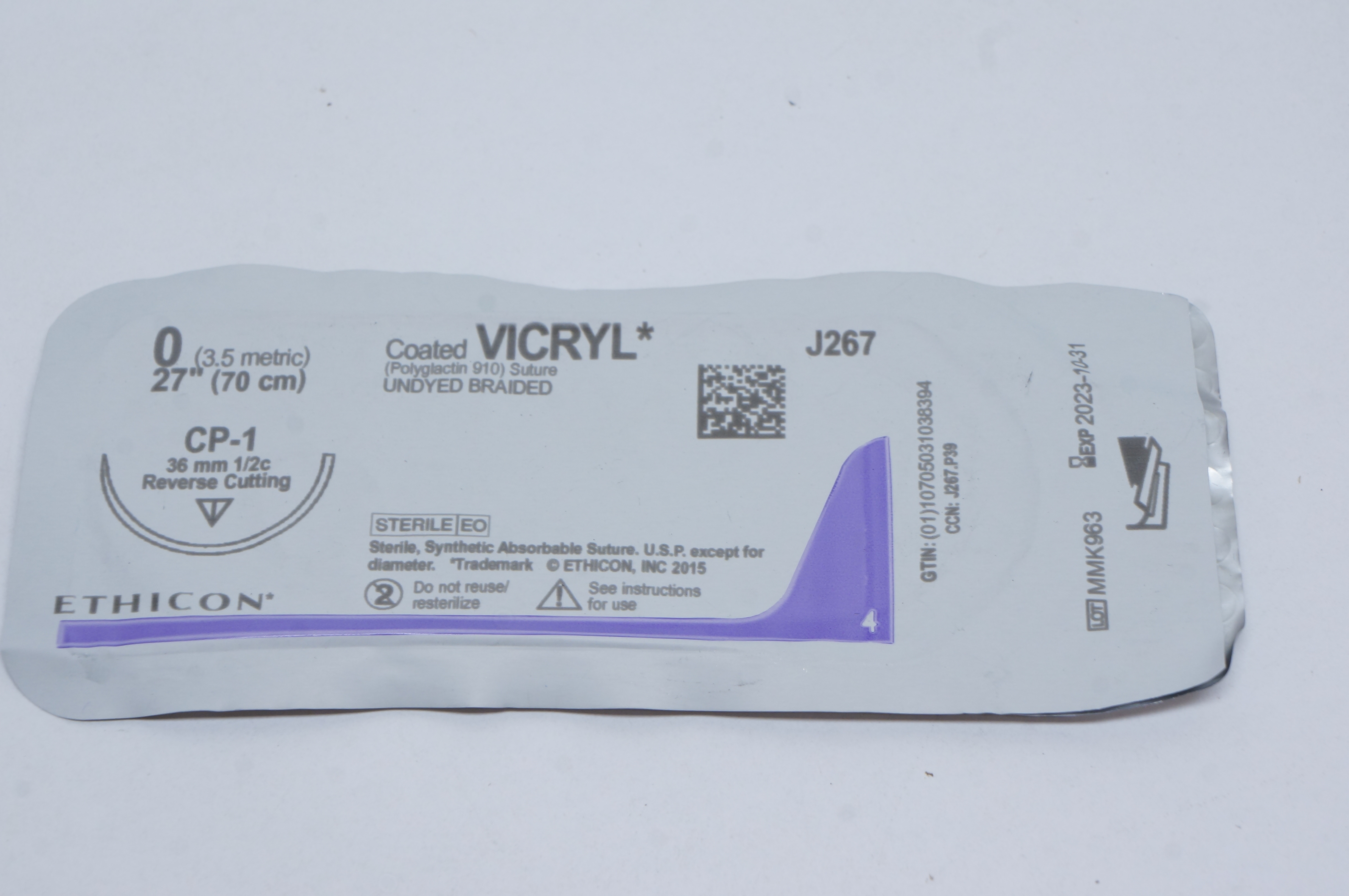 Ethicon J267 0 VICRYL, CP-1, 36mm 1/2c Reverse Cutting, 27inch