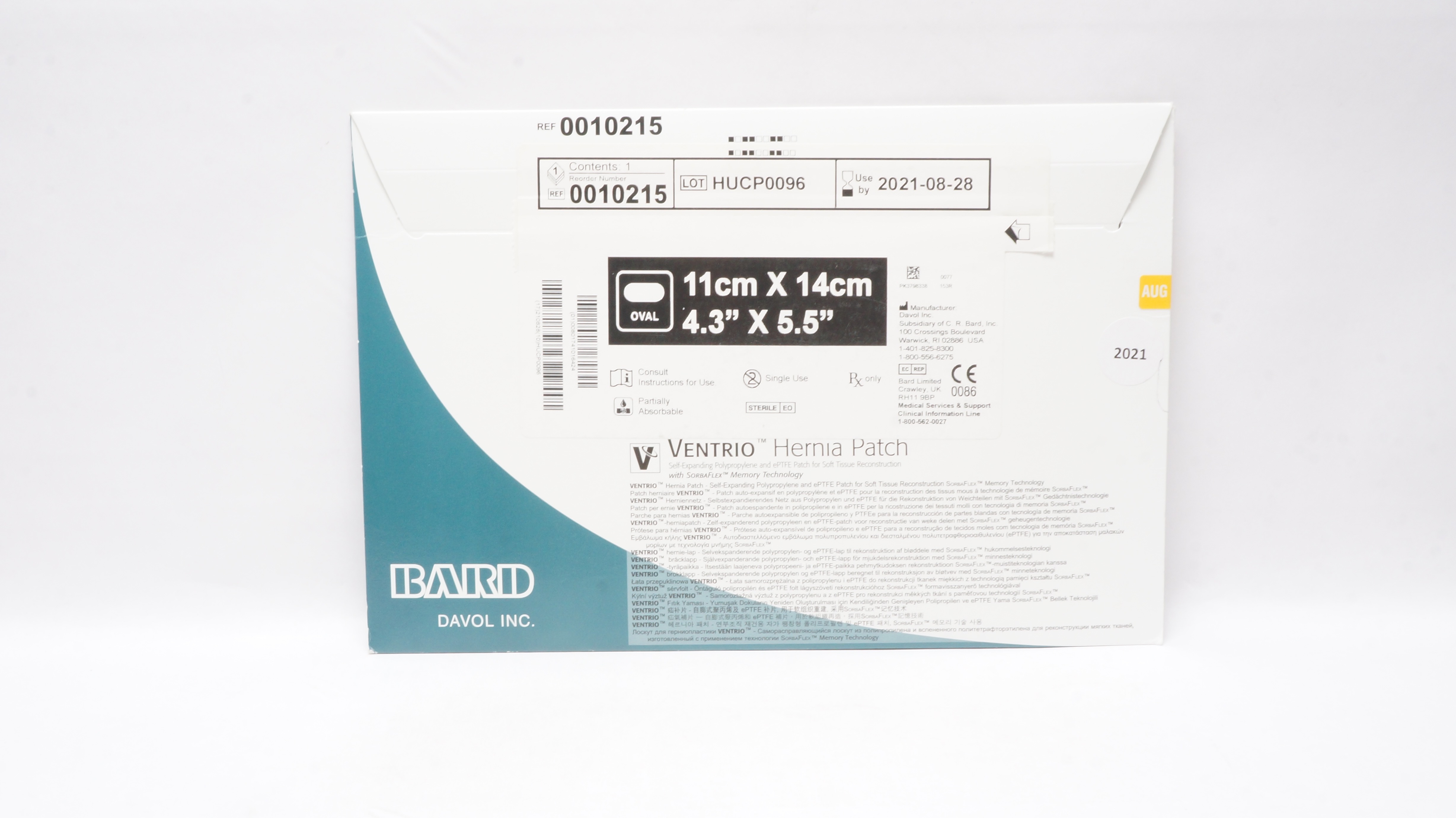 Bard 0010215 Mesh Ventrio Polypropylene ePTFE Hernia Patch Oval 4.3 x 5.5inch(x)