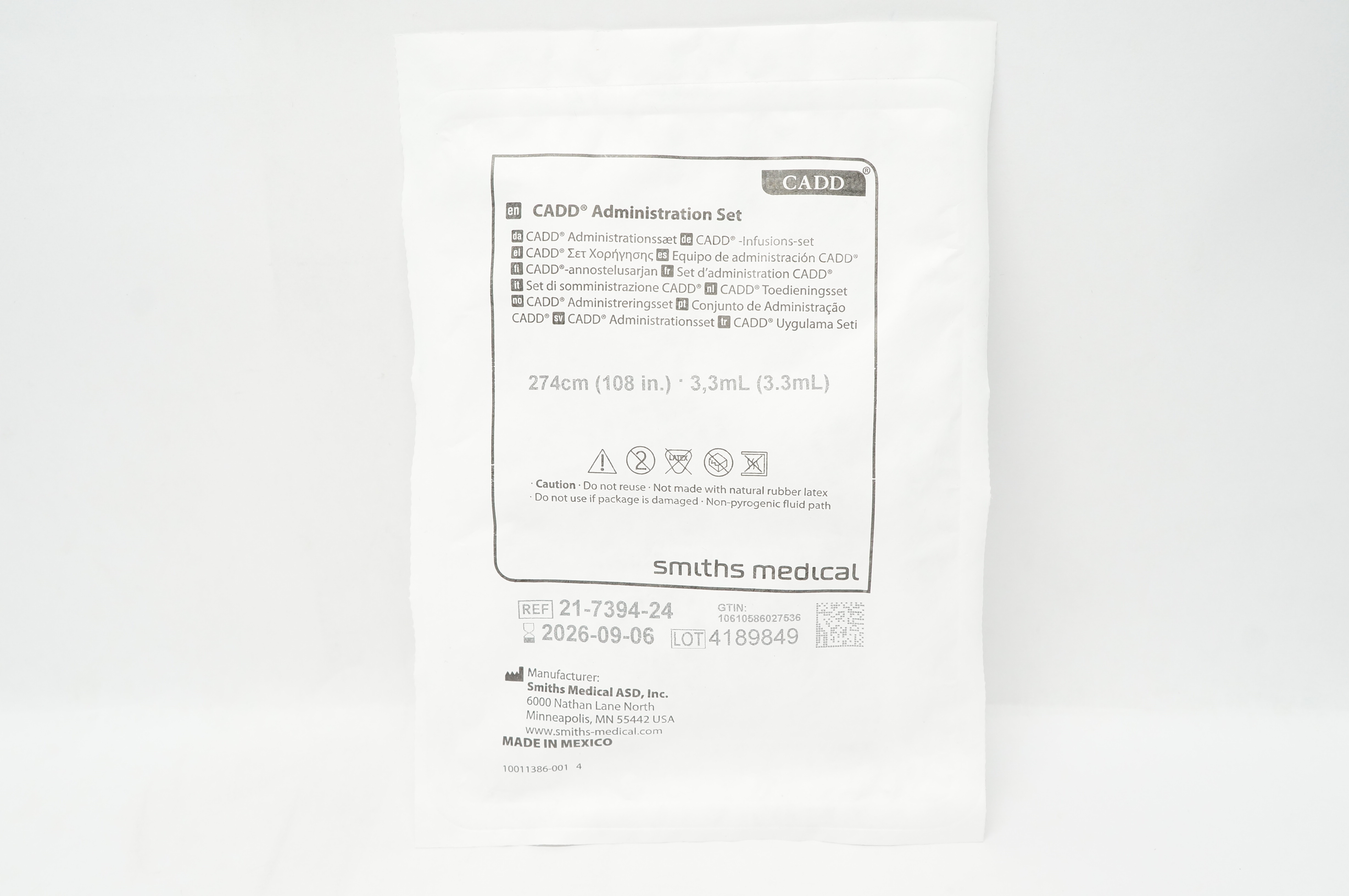Smiths Medical 21-7394-24 CADD Administration Set 108 inch x 3.3mL