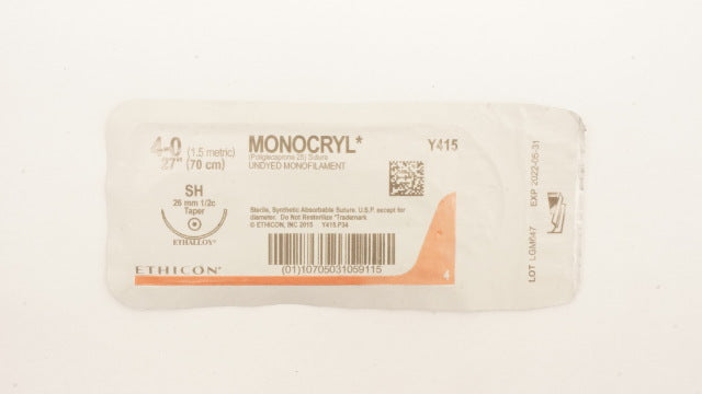 Ethicon Y415 4-0 Monocryl Poliglecaprone 25 Stre SH 26mm 1/2c Taper, 27 inch