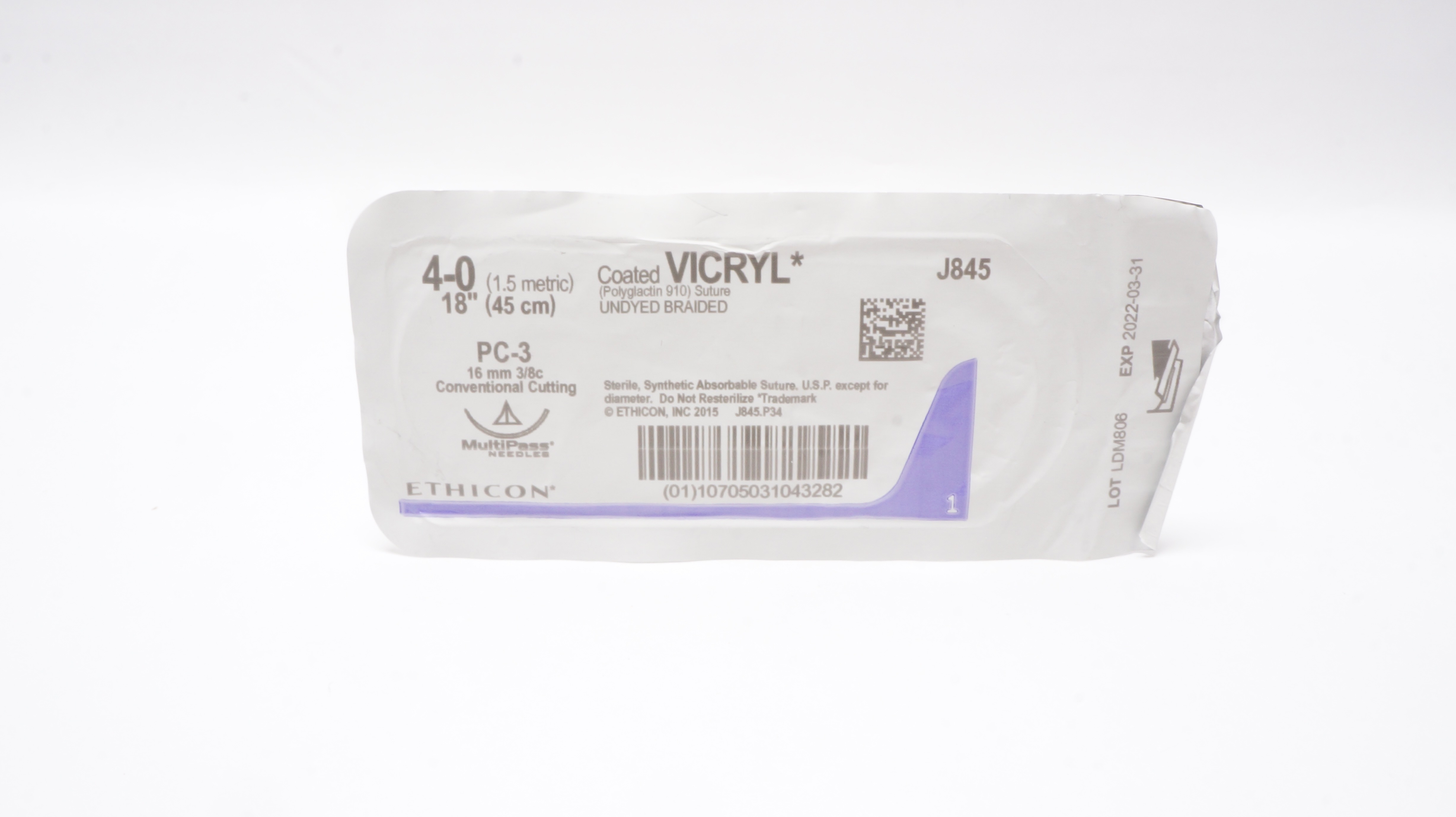 Ethicon J845 4-0 Coated VICRYL Stre PC-3 16mm 3/8c ConventionalCutting 18inch(x)