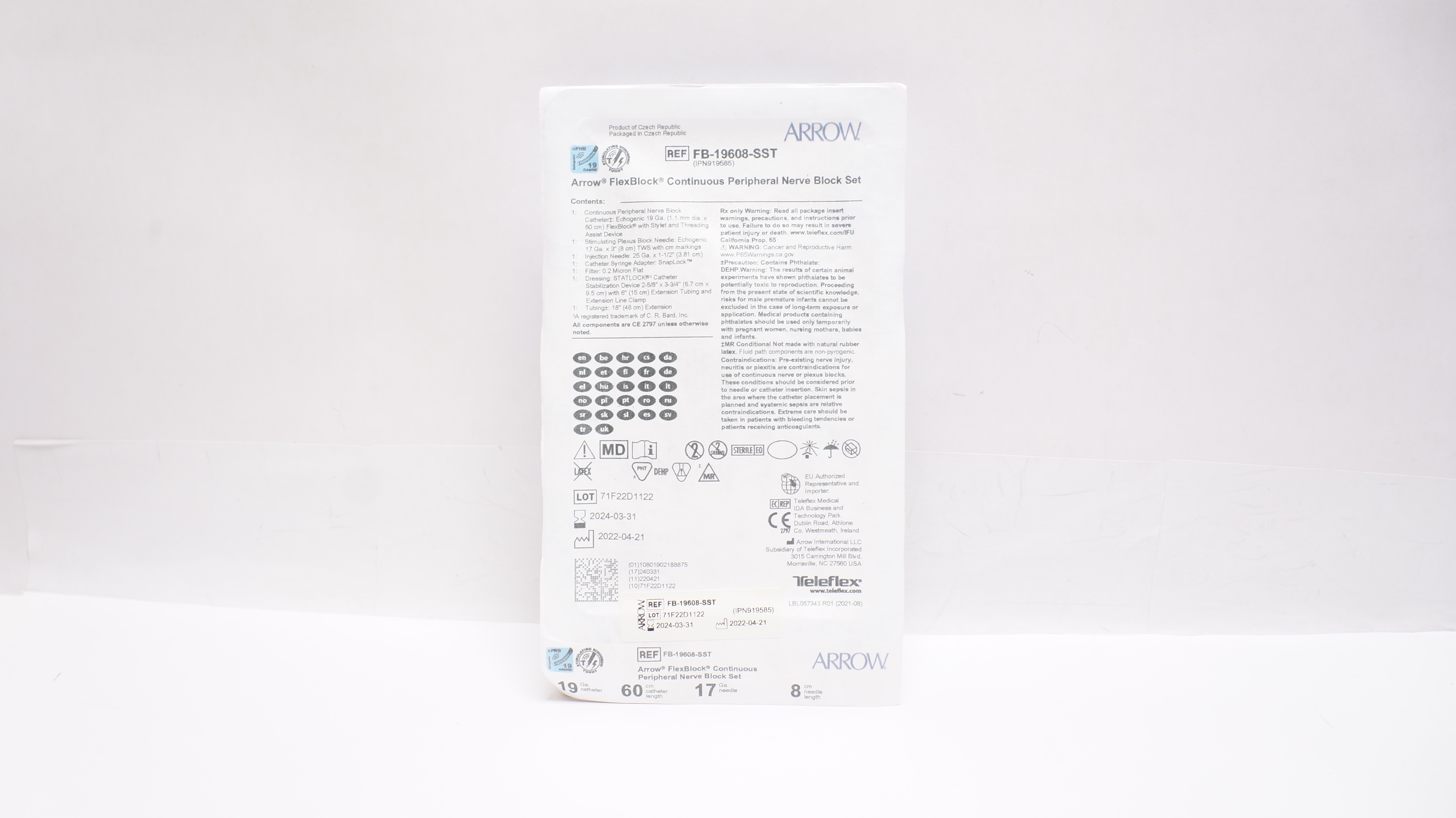 Arrow FB-19608-SST FlexBlock Peripheral Nerve Block Set 19Ga, 17Ga x 3inch