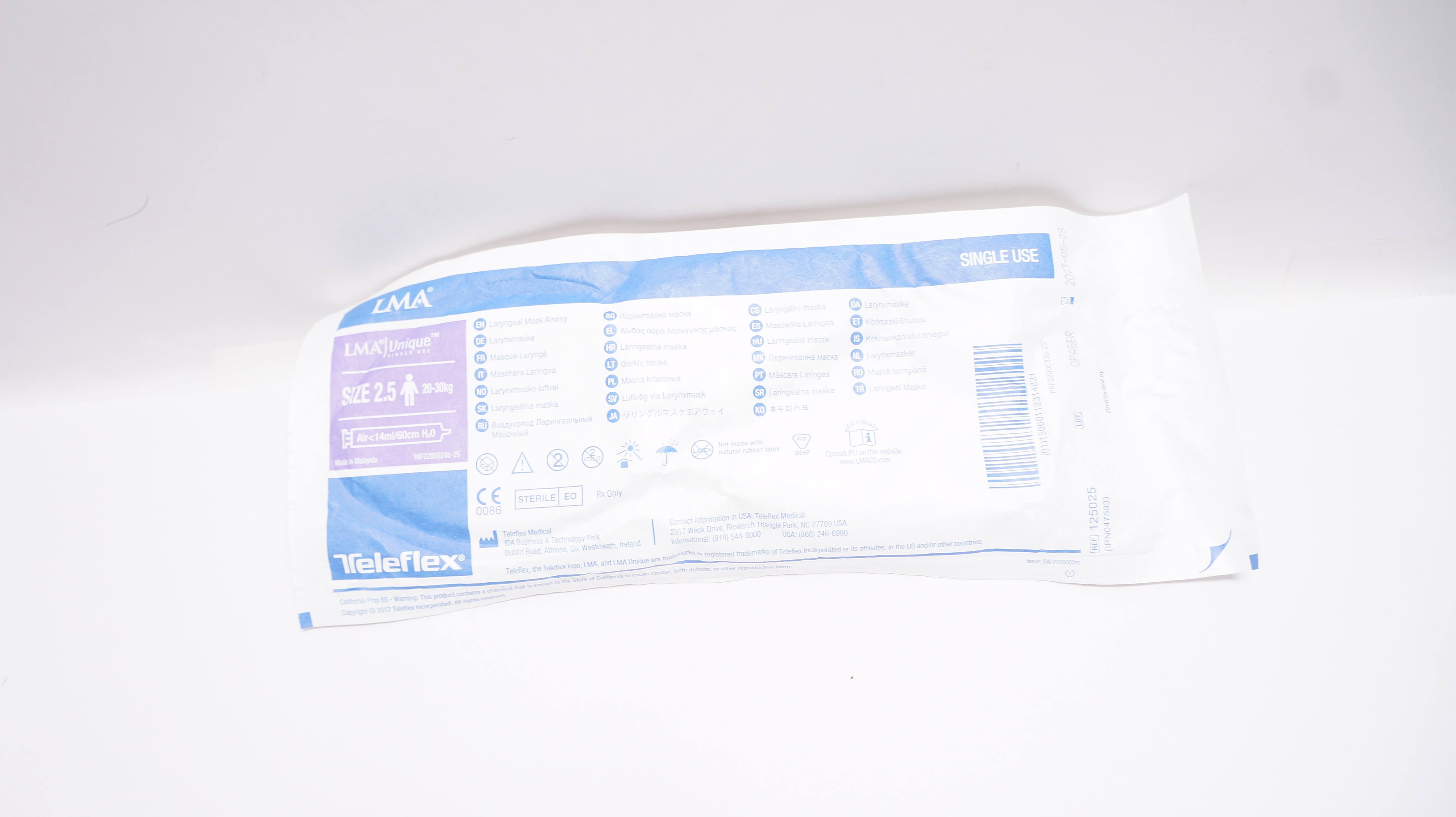 Teleflex 125025 Laryngeal Mask Airway, Air <14 mL/60cm H₂O, Size 2.5 20-30kg (x)