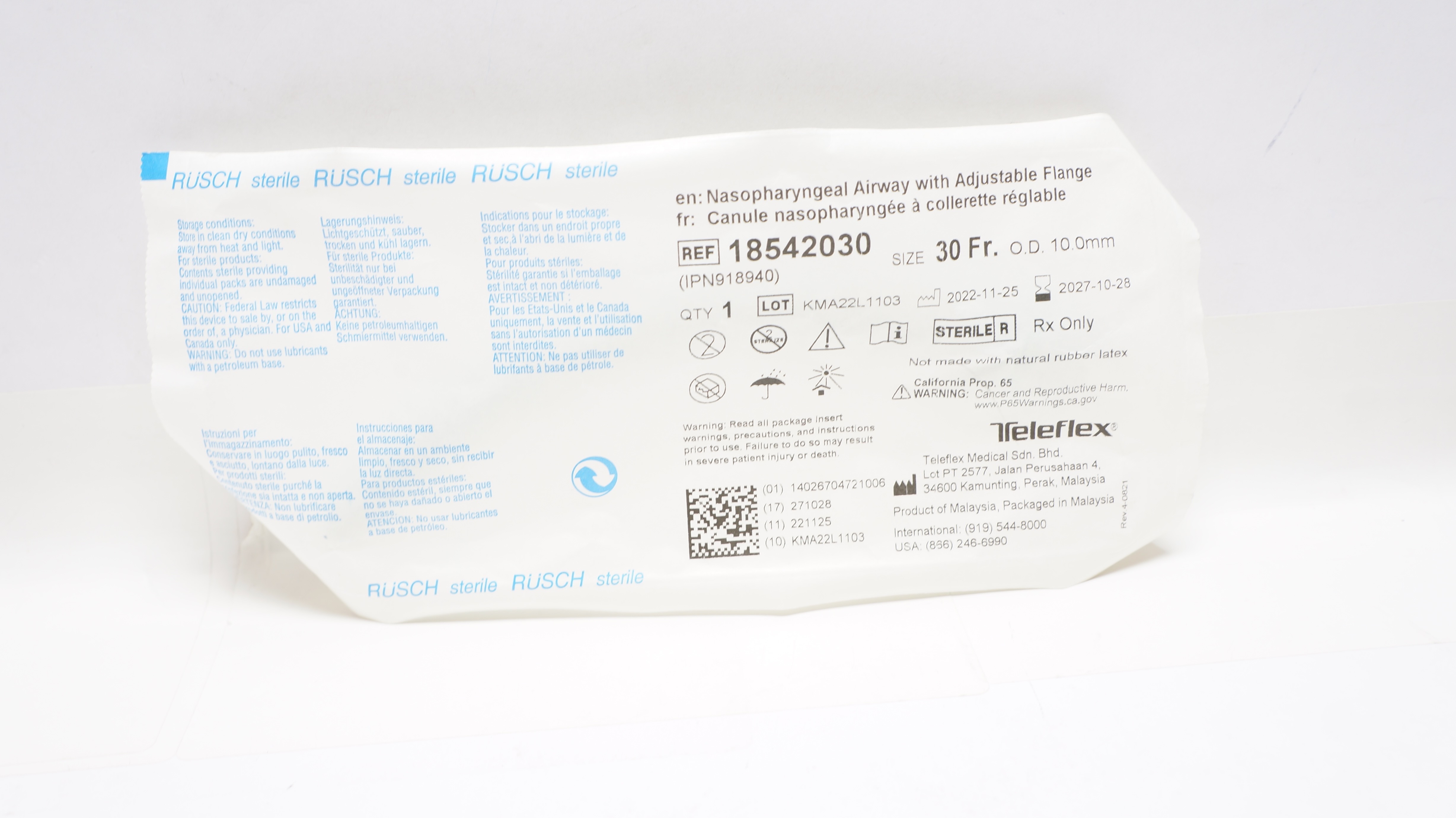 Teleflex 18542030 Nasopharyngeal Airway with Adjustable Flange 30Fr. x 10mm