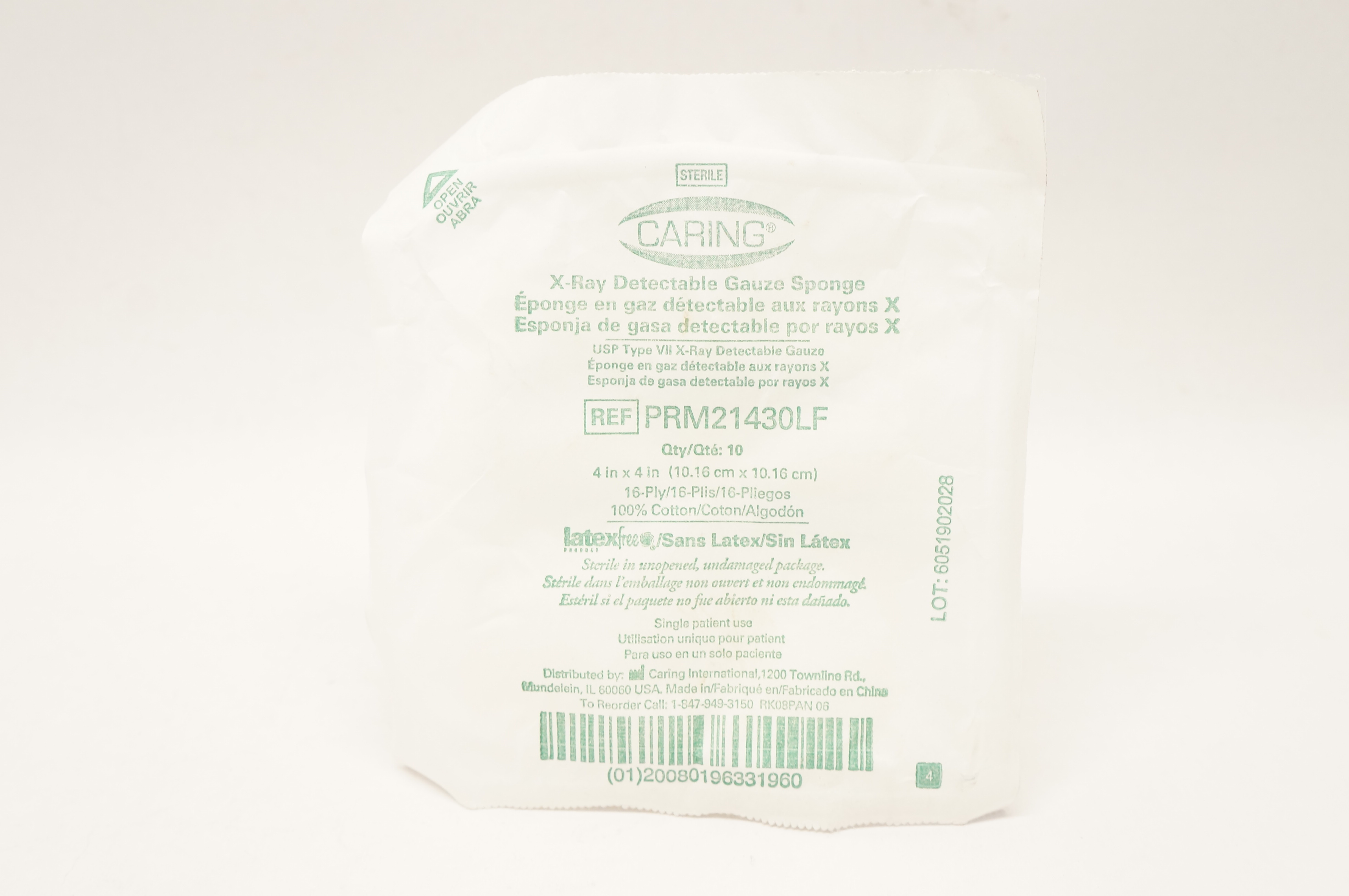 Caring PRM21430LF X-Ray Detectable Gauze Sponge 4 x 4 inch 16-Ply - Pack of 10