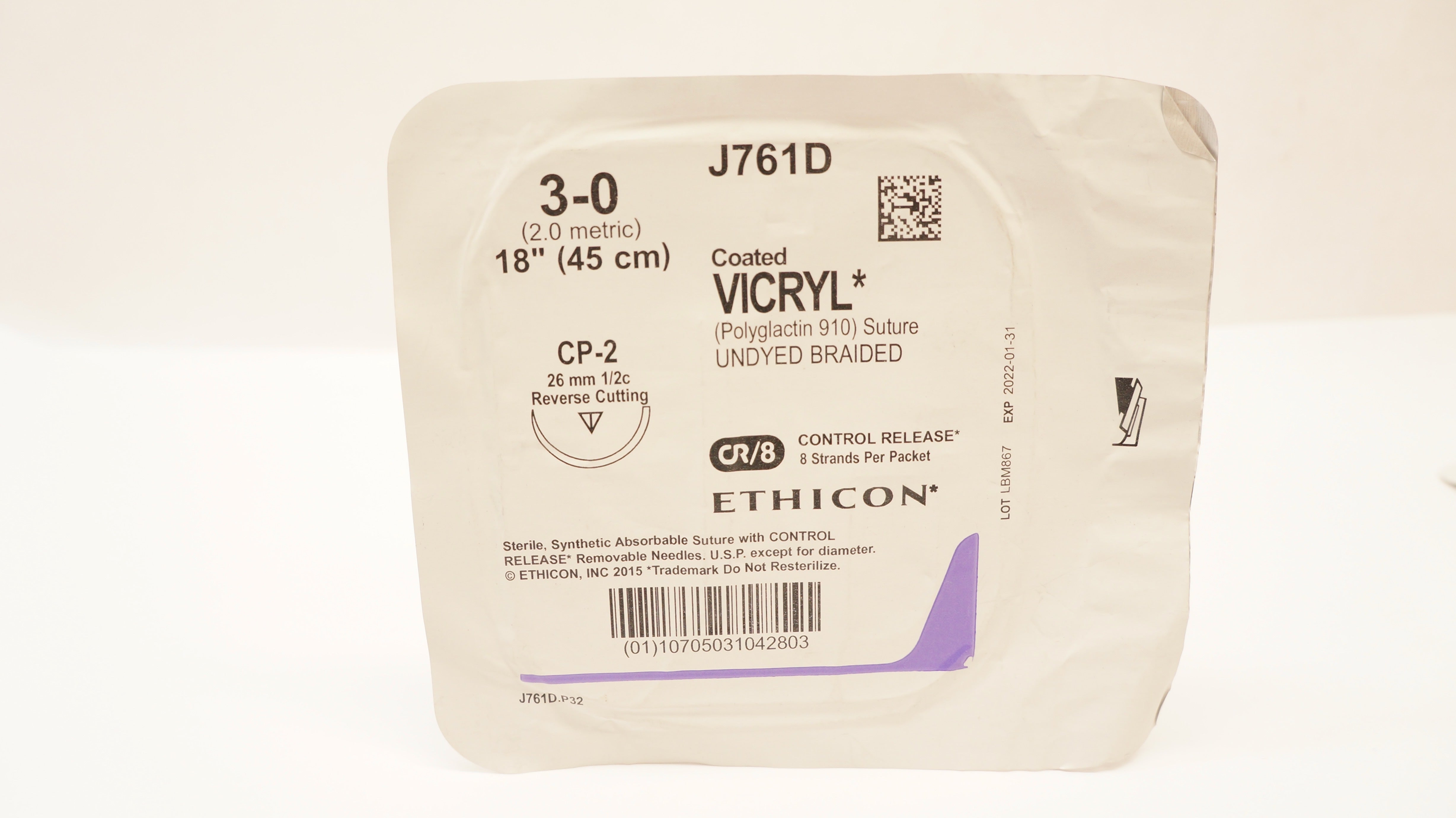 Ethicon J761D 3-0 Coated VICRYL Stre CP-2 26mm 1/2c Reverse Cutting 18 inch (x)