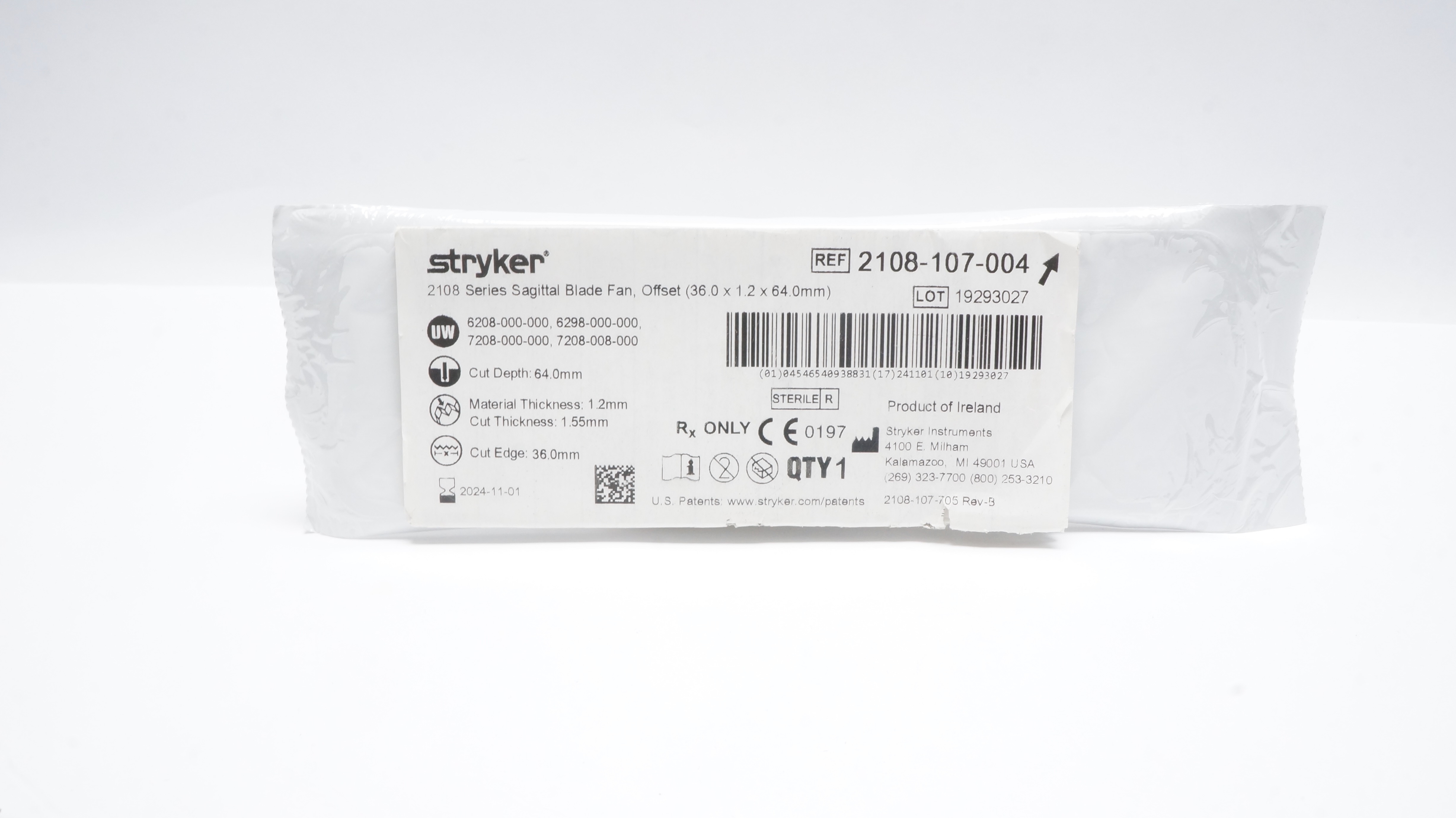 Stryker 2108-107-004 2108 Series Sagittal Blade Fan, Offset 36.0 x1.2 x64.0mm(x)