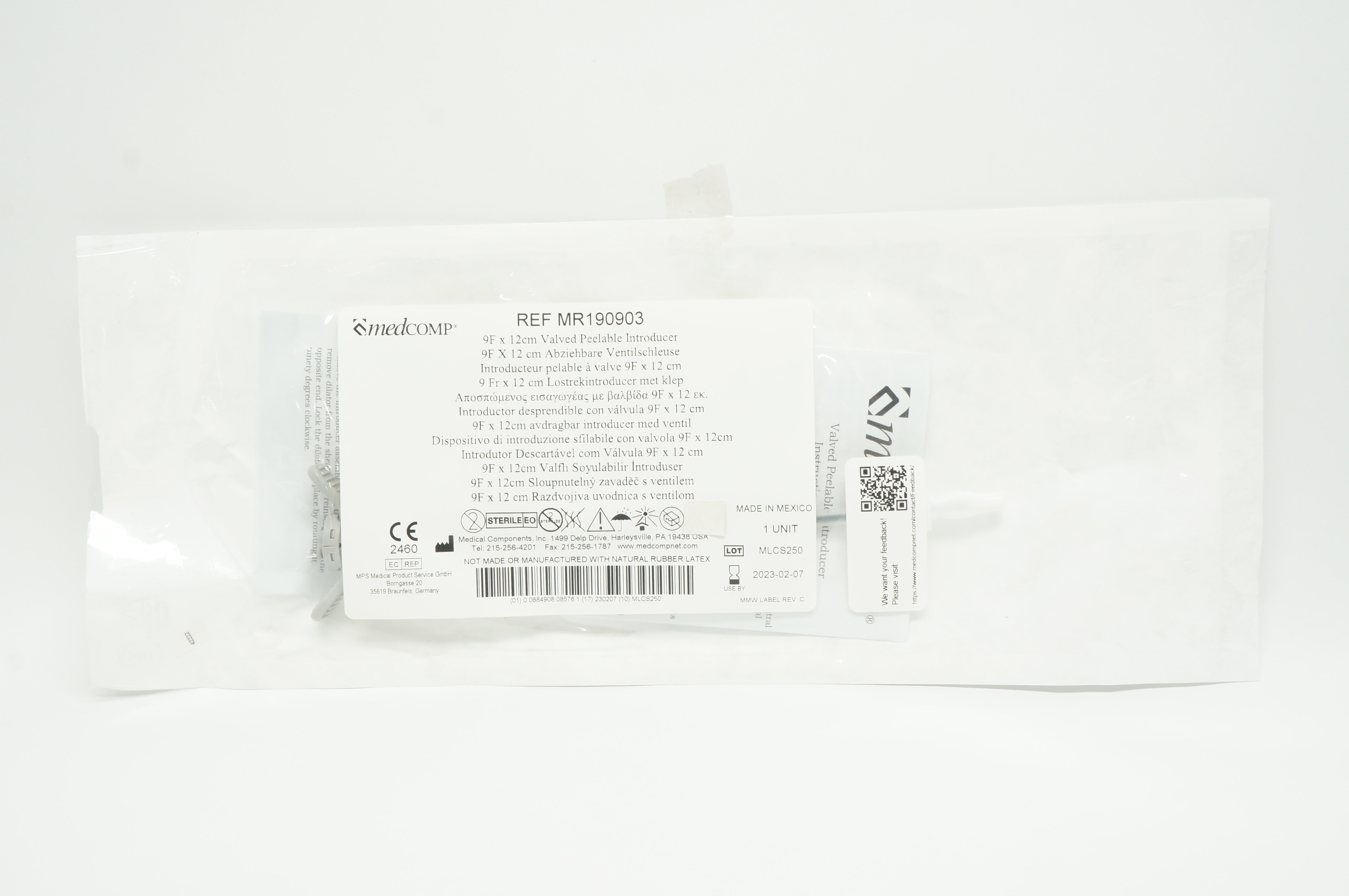 Medcomp MR190903 Valved Peelable Introducer, 9F x 12cm
