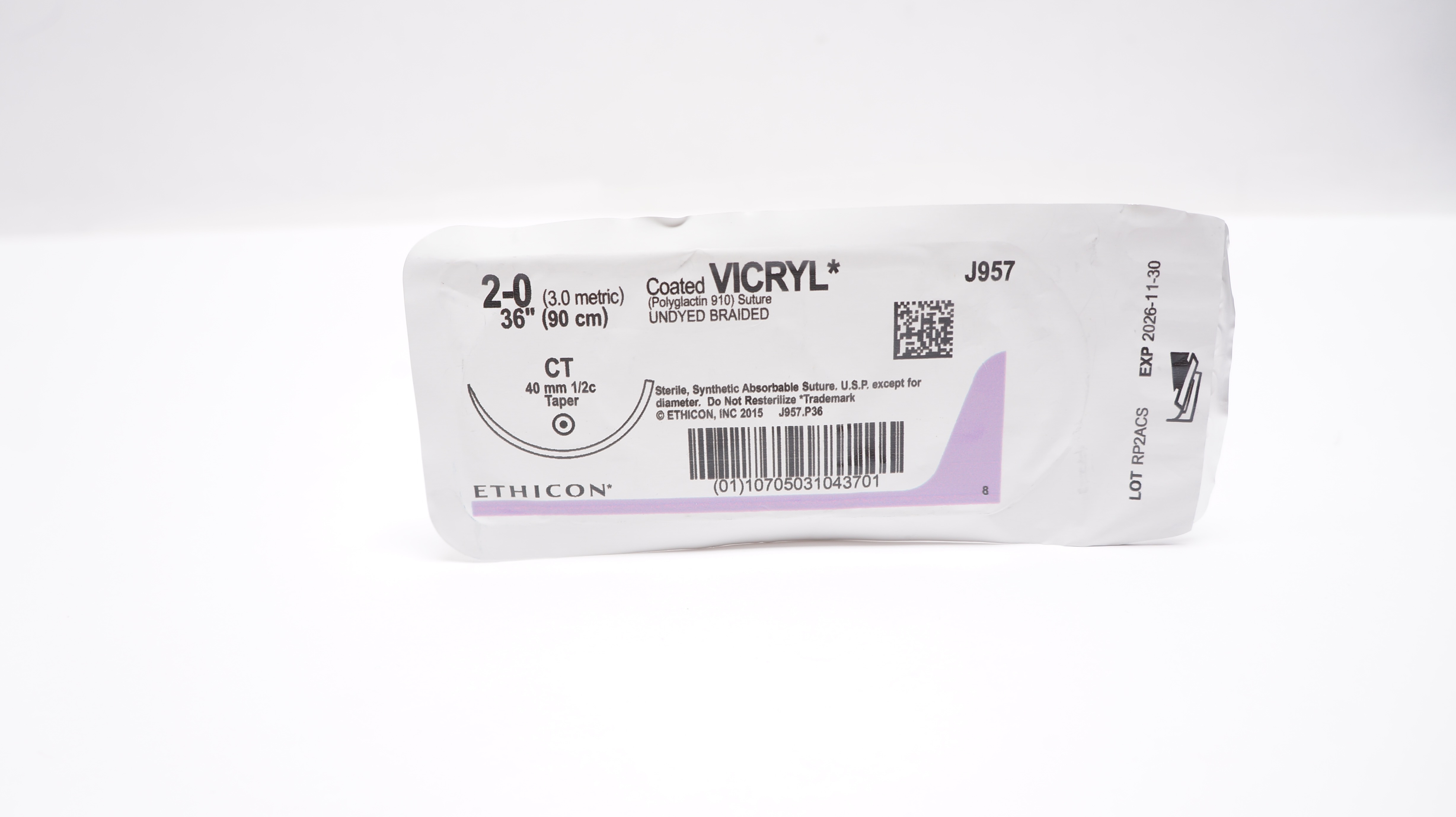 Ethicon J957 2-0 Coated VICRYL Undyed Braided Stre CT 40mm 1/2c Taper, 36inch