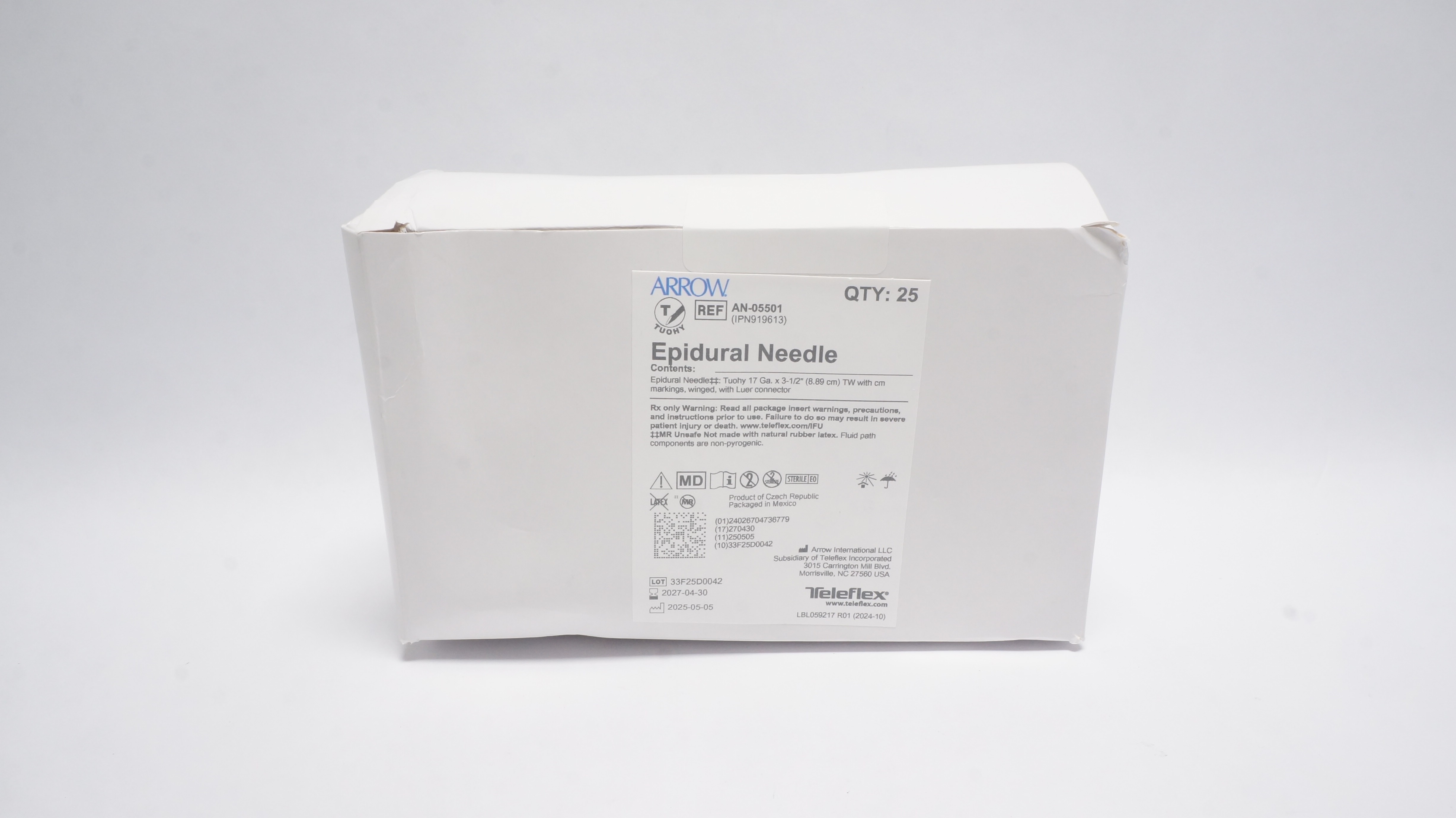 Teleflex AN-05501 Arrow Epidural Ndle 17Ga x 8.89cm - Box of 25