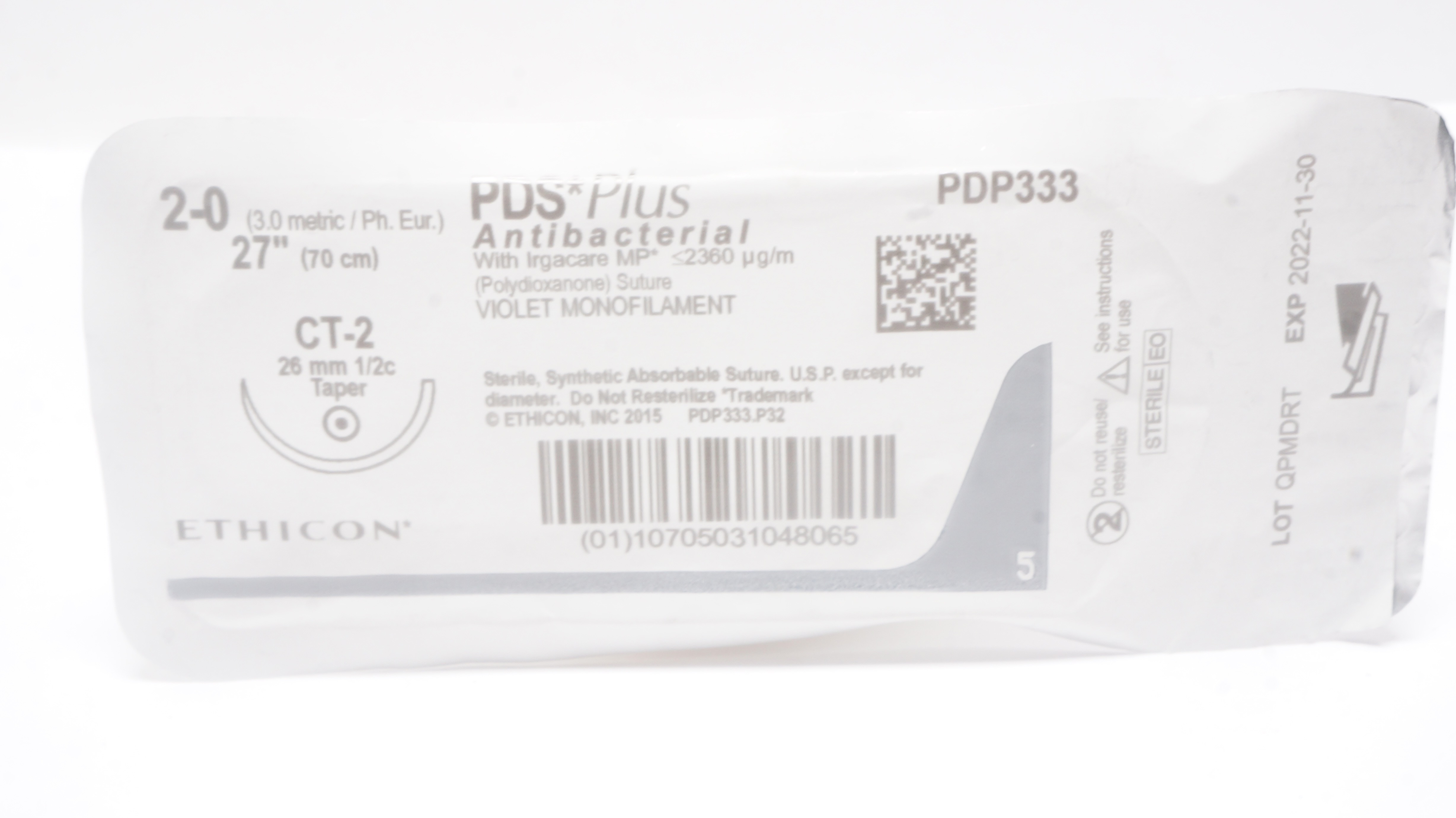 Ethicon PDP333 2-0 PDS Plus Antibacterial Stre CT-2 26mm 1/2c Taper, 27inch (x)