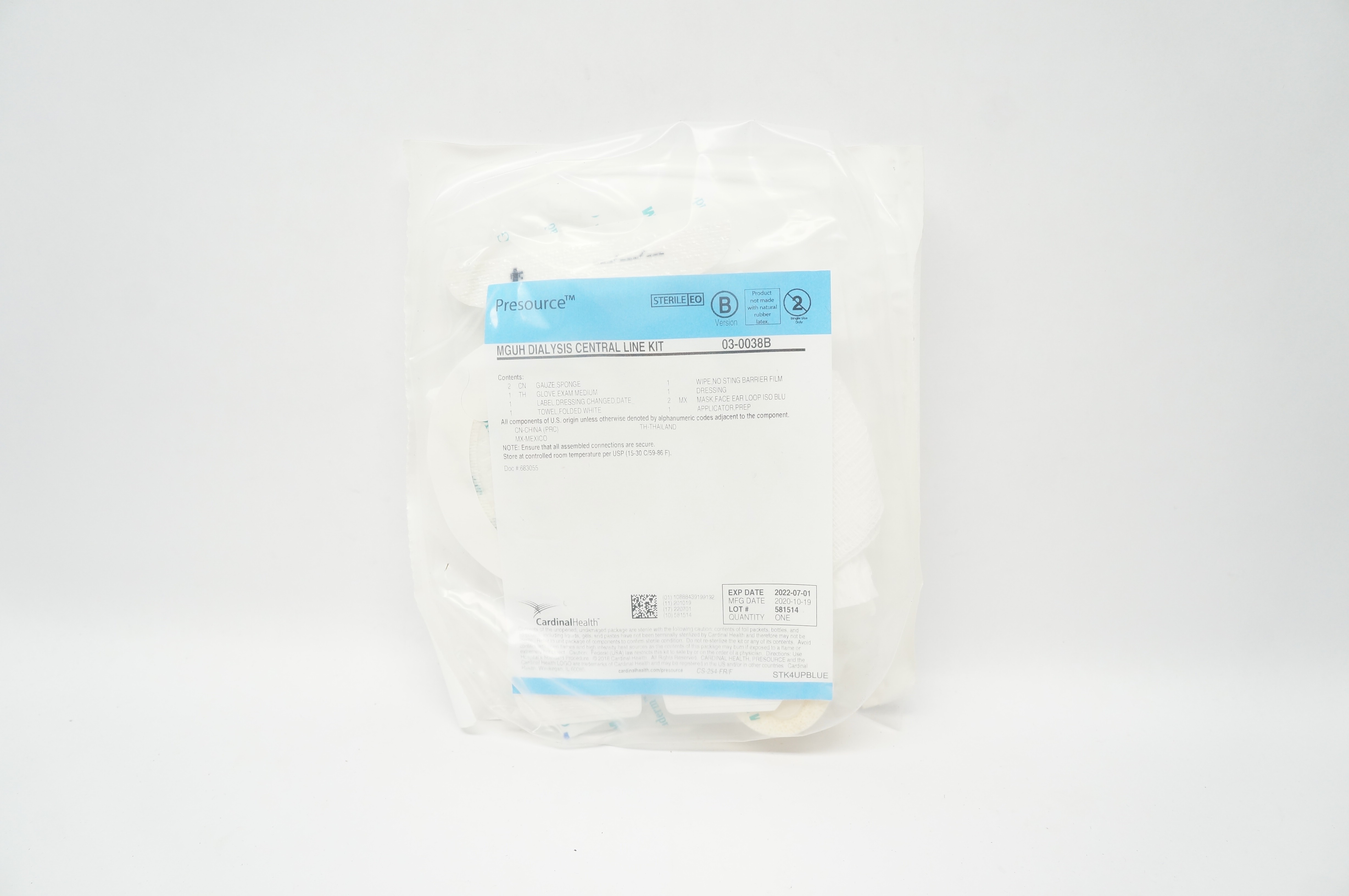 Cardinal Health 03-0038B Presourse MGUH Dialysis Central Line Kit (x)