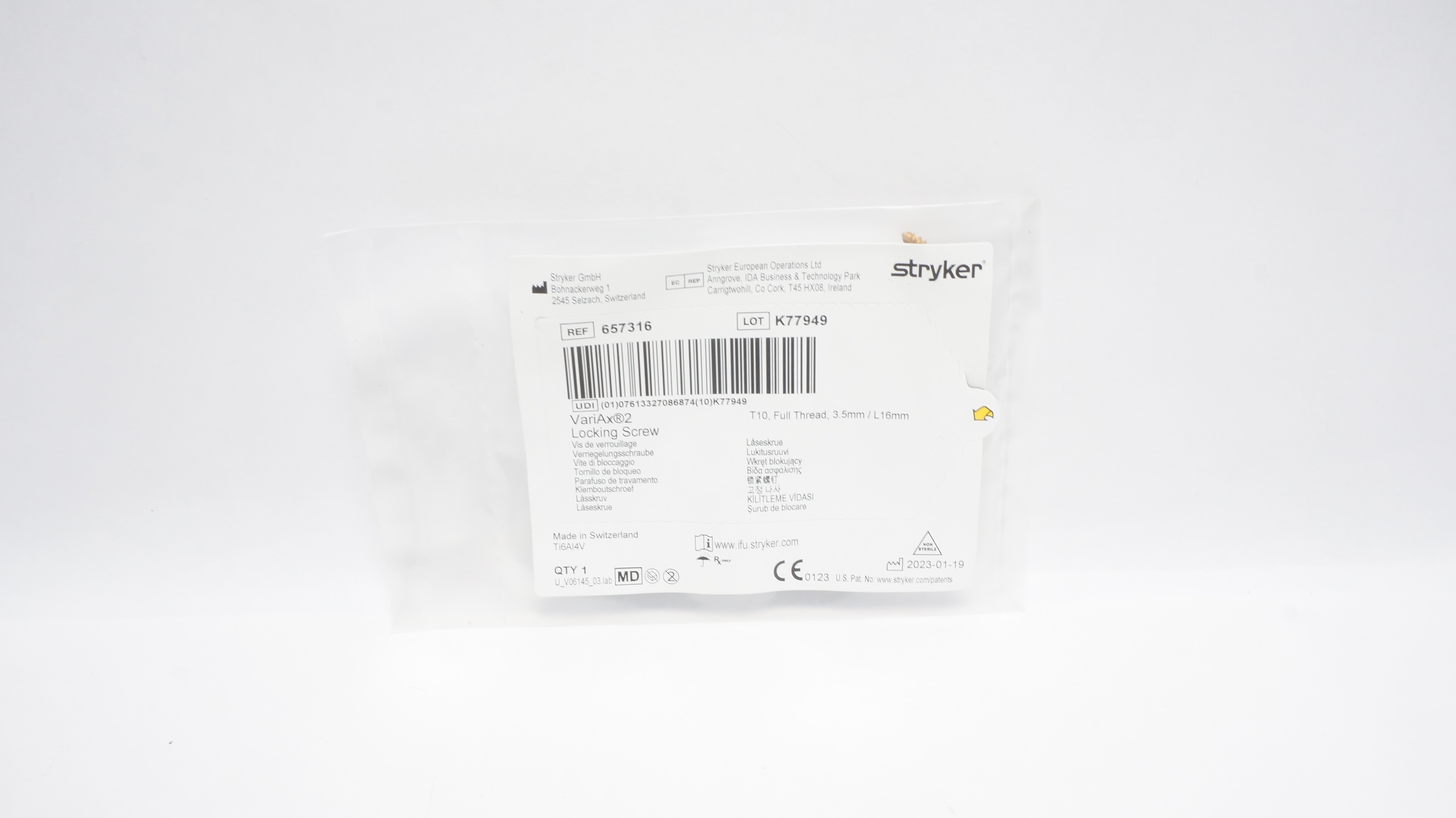 Stryker 657316 VariAx2 Locking Screw T10, Full Threaded, 3.5mm/L16