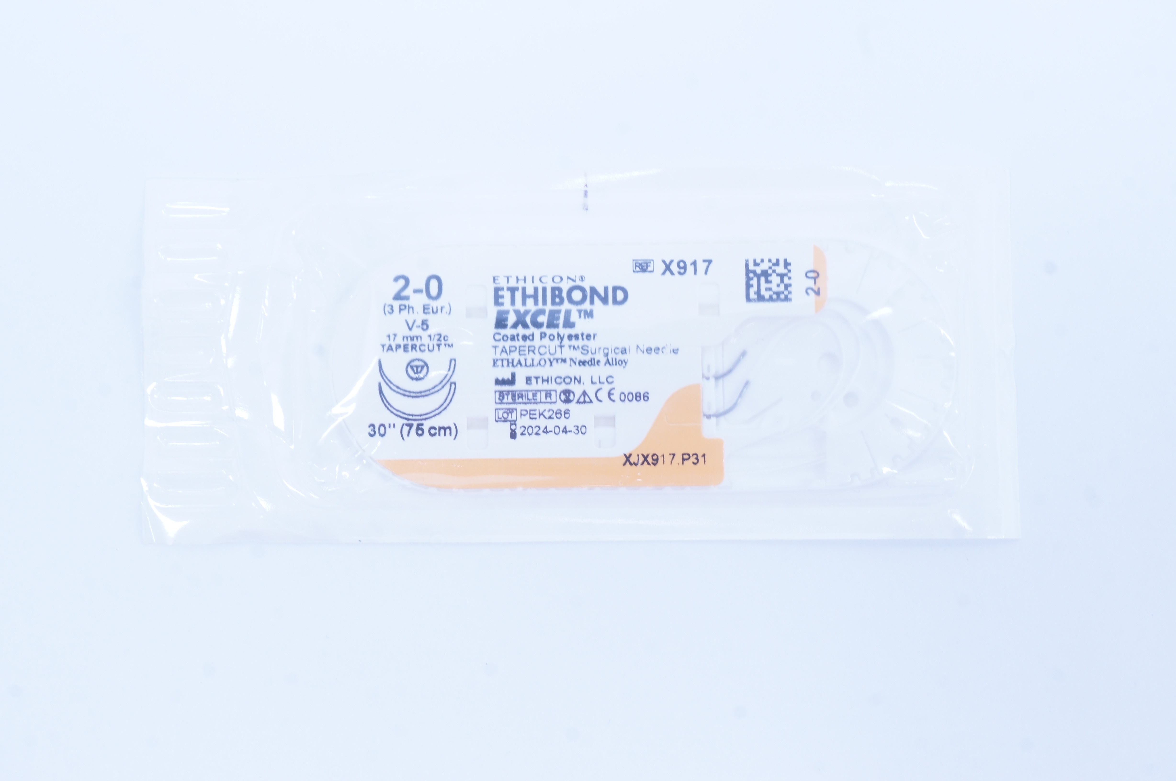 Ethicon X917 2-0 Ethibond Excel Coated Polyester V-5 17mm 1/2c Tapercut 30 inch