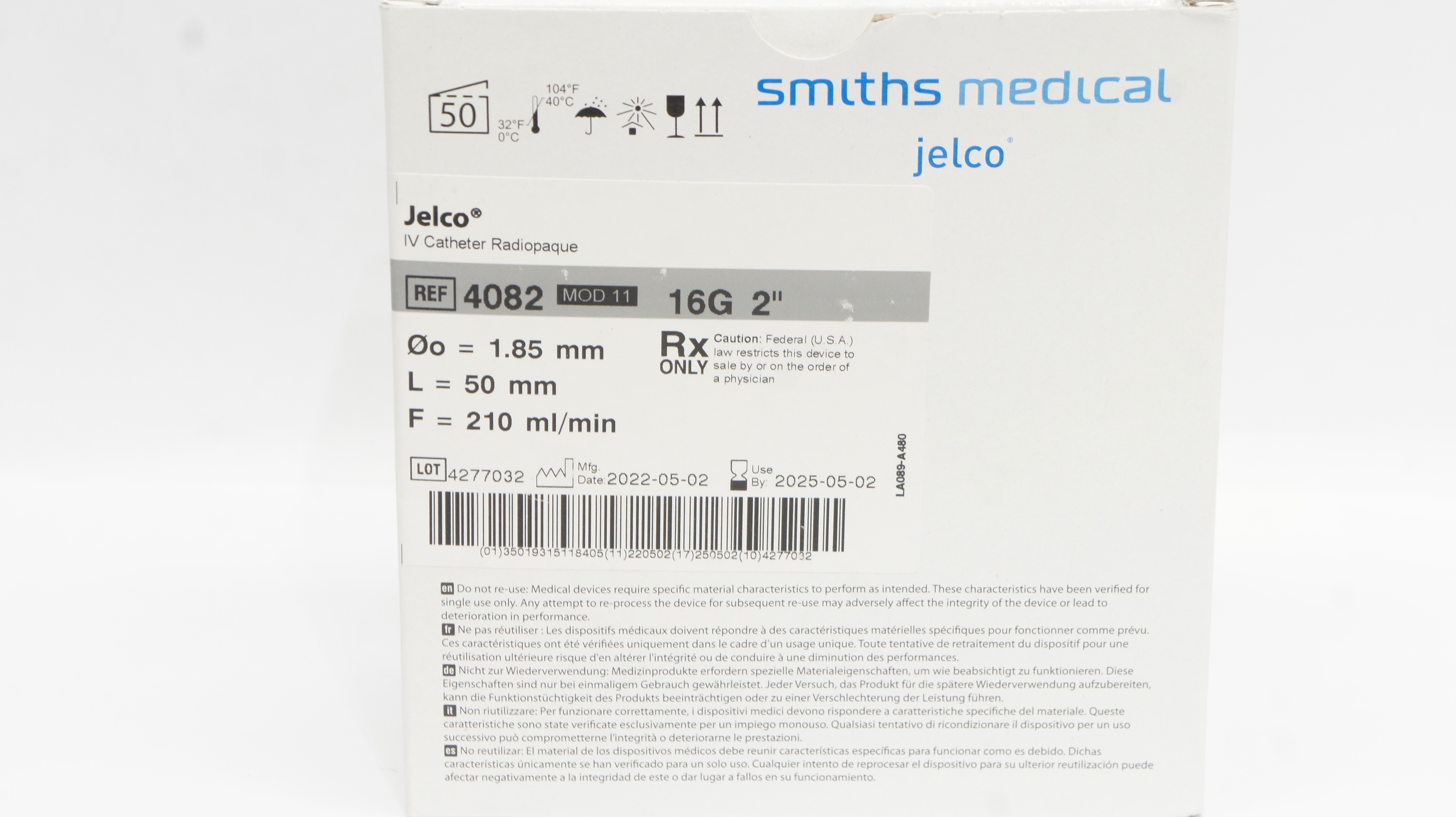 Smiths Medical 4082 Jelco IV Cath. Radiopaque 16G x 2inch 210ml/min - Box of 50