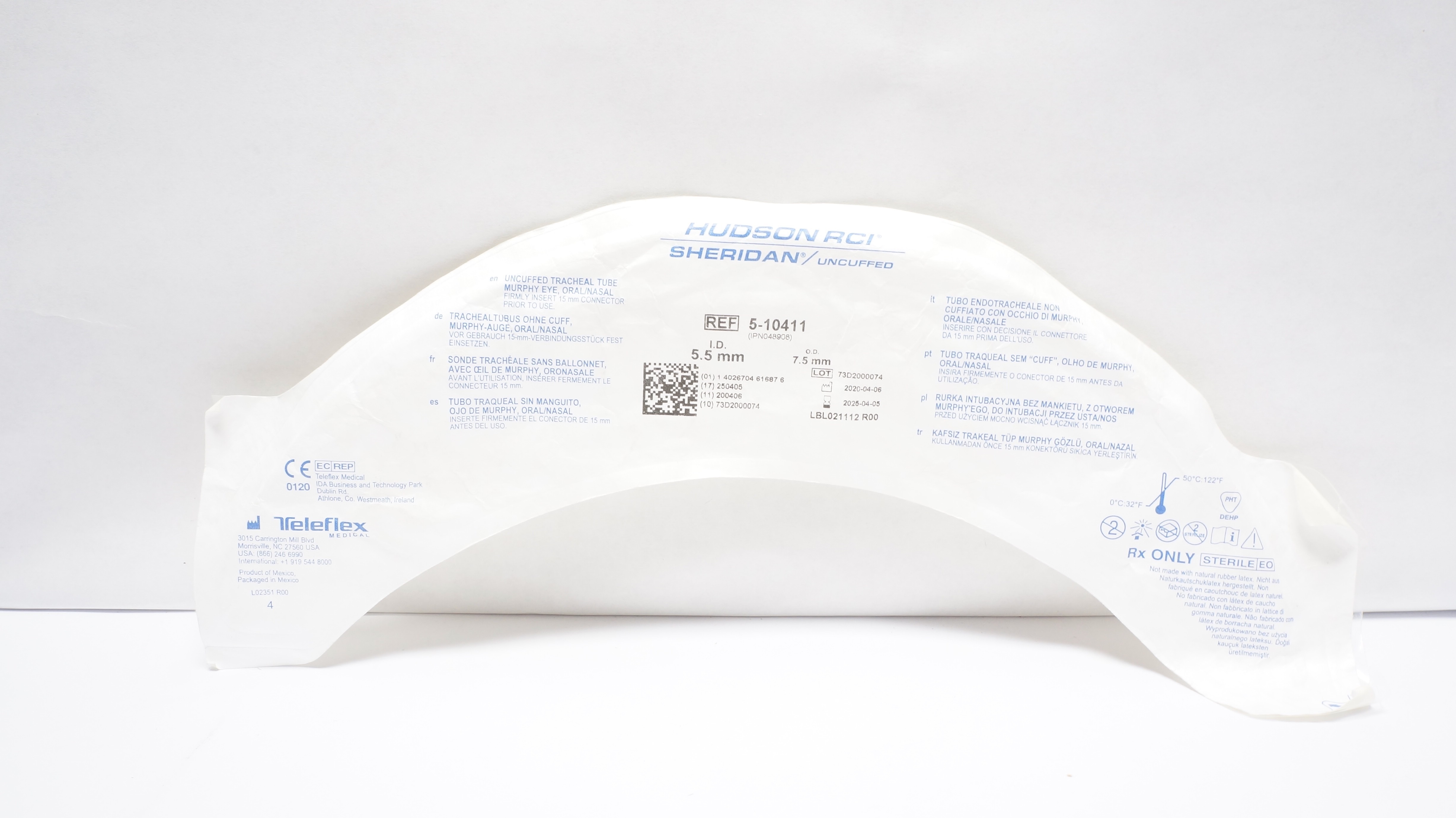 Teleflex 5-10411 Hudson RCI Uncuffed Tracheal Tube Oral/Nasal 5.5ID x 7.5mmOD(x)