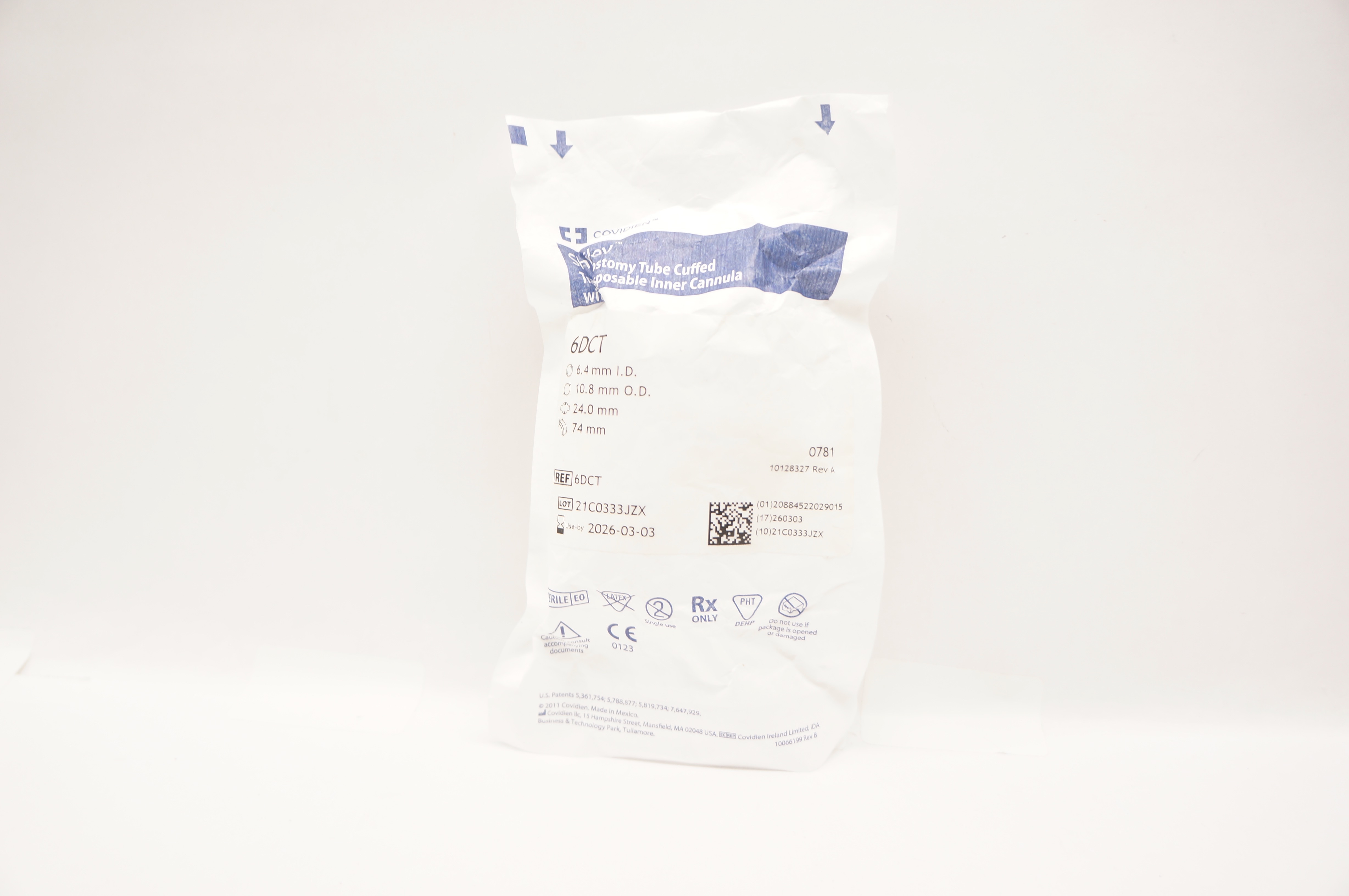 Covidien 6DCT Shiley Tracheostomy Tube Cuffed 6.4mm ID x 10.8mm OD x 24.0 x 74mm
