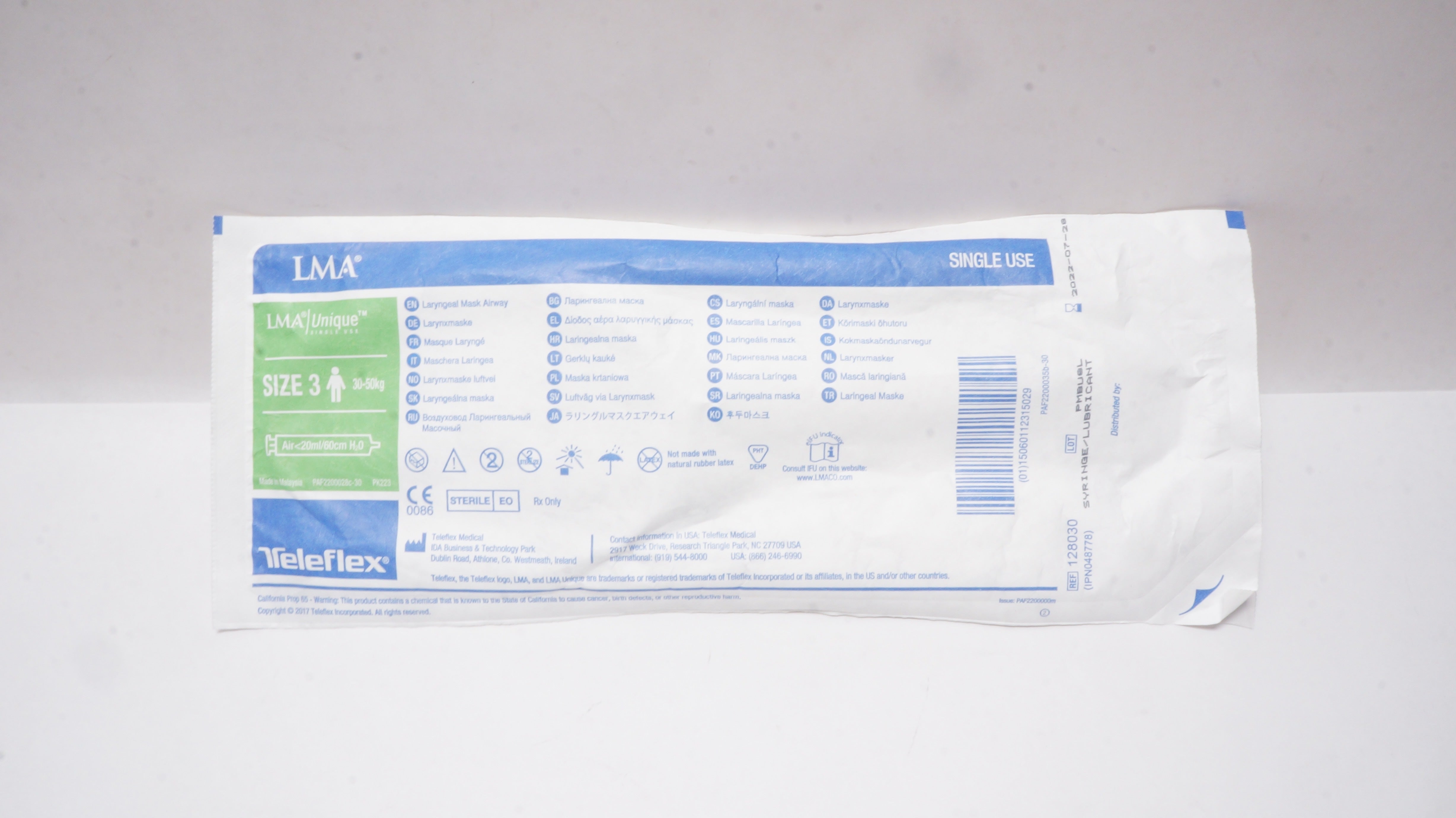 Teleflex 128030 LMA Unique Laryngeal Mask Airway Size 3 30-50kg <20ml/60cmH2O(x)